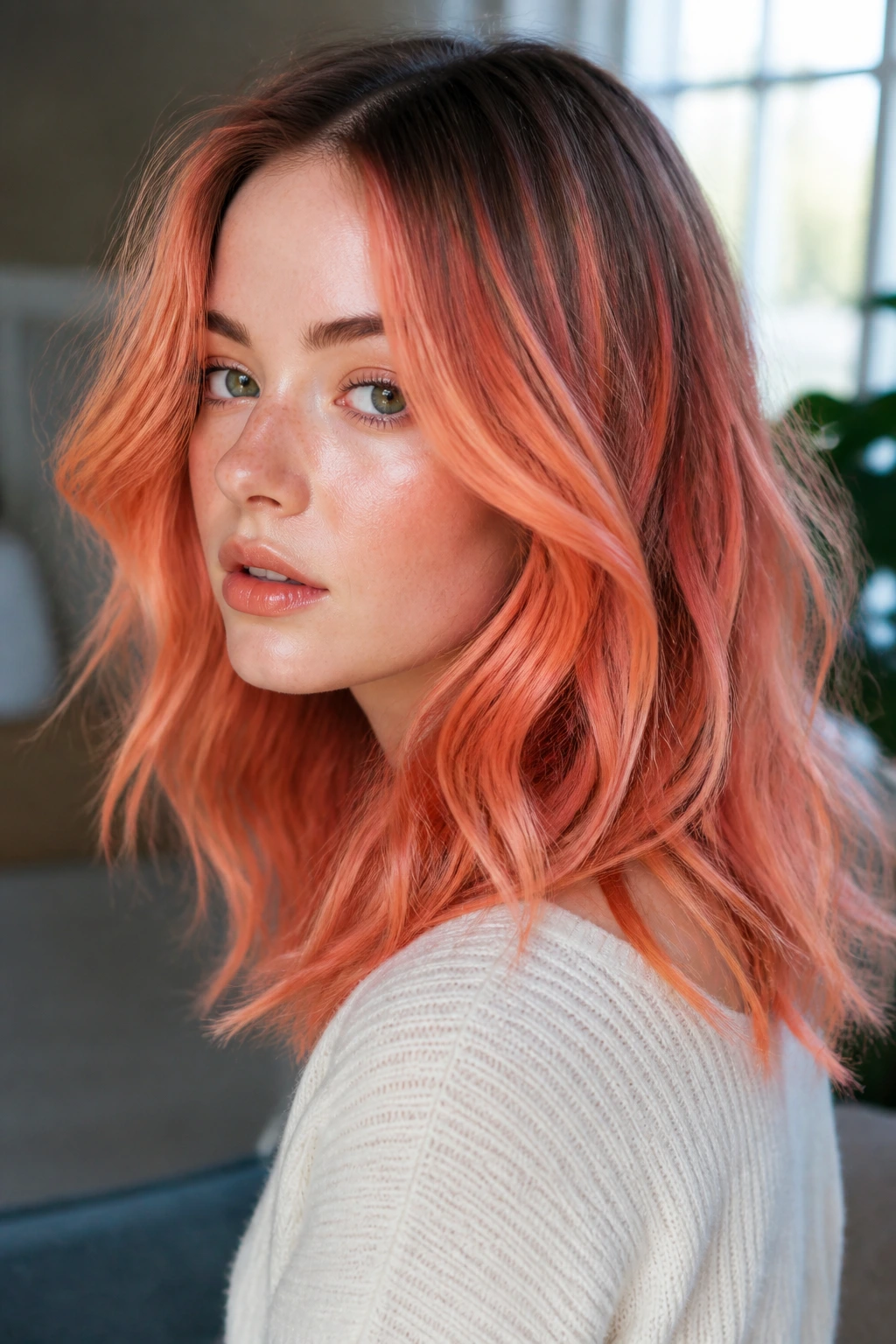 Close-up portrait of a real person with coral hair showing depth and face-framing pieces.