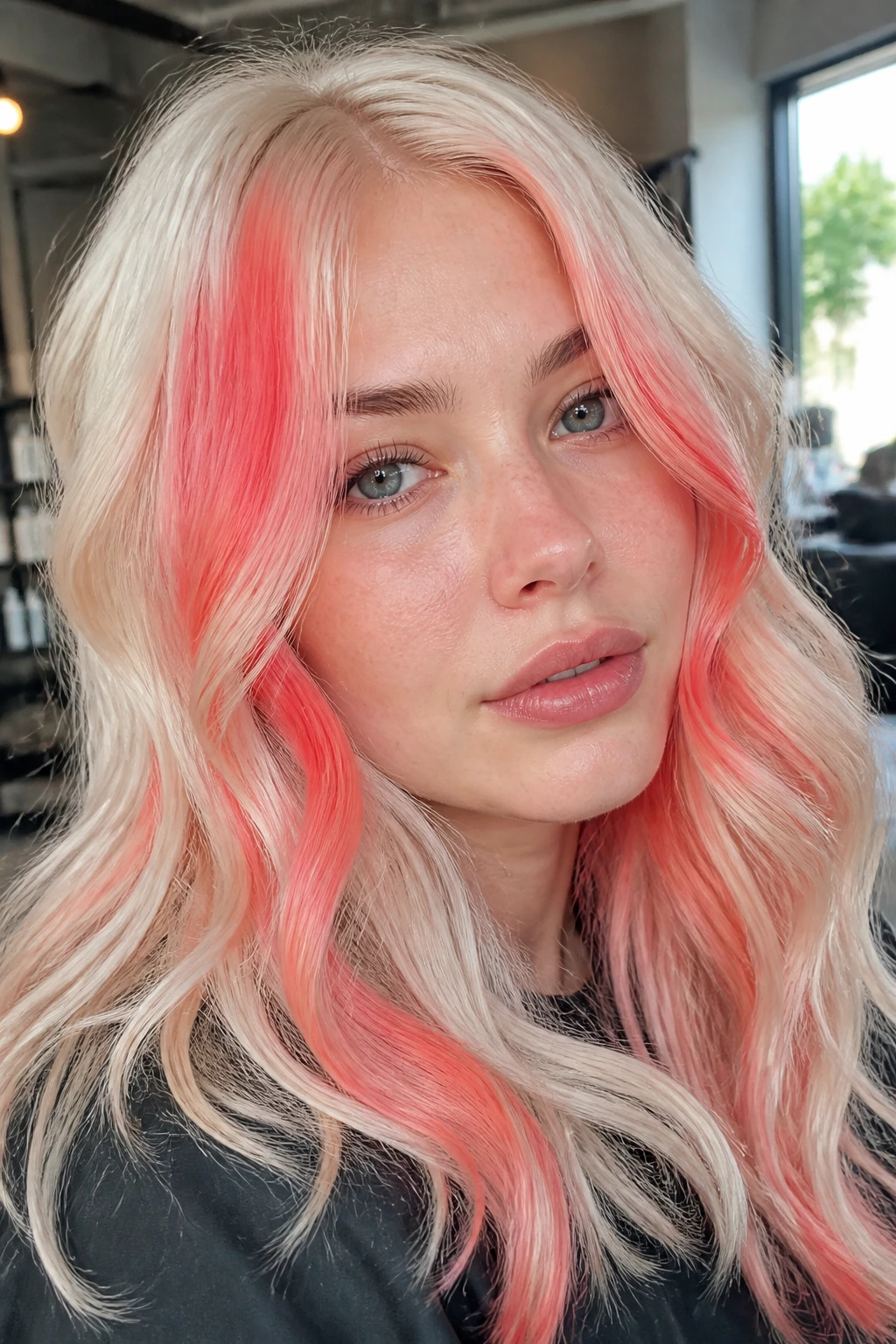 Close-up of a real person with coral hair on a platinum base, bold high-contrast color