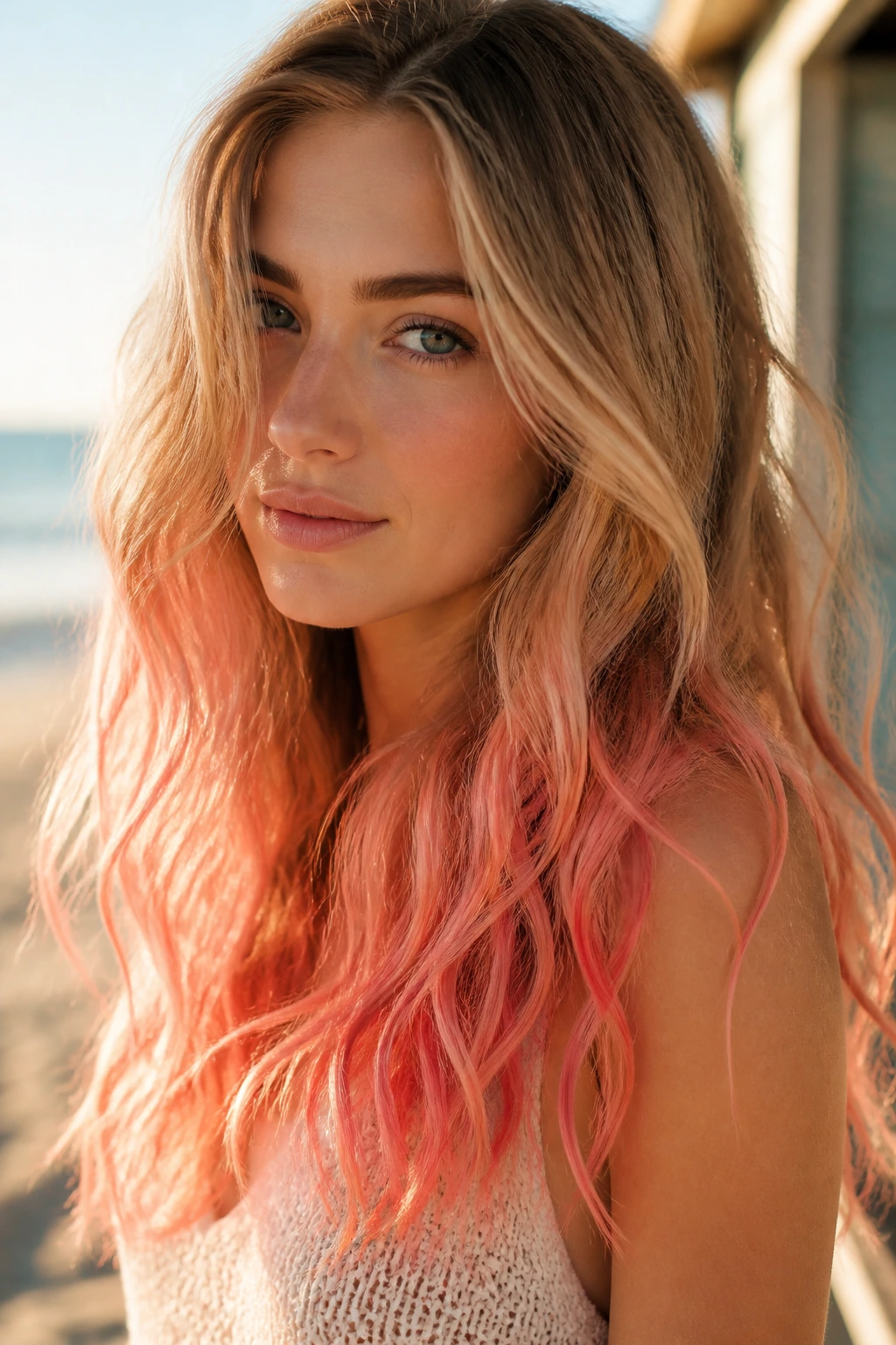 Coral ombré ends on pale hair with beige roots in natural light