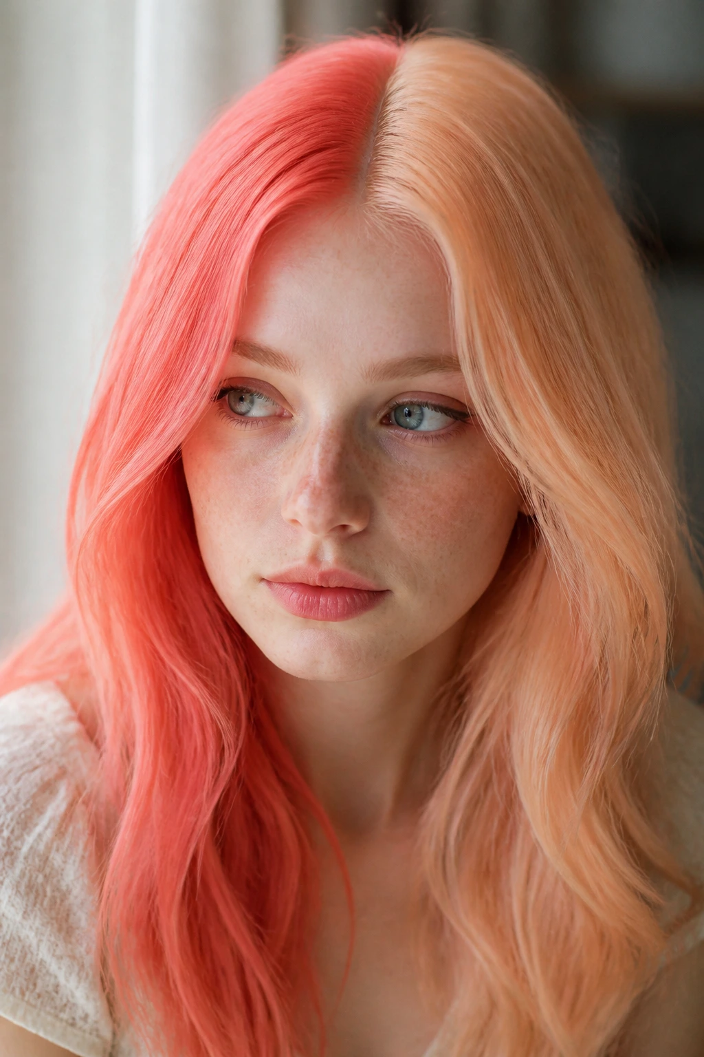 Close-up of coral and peach split-tone hair on a real person