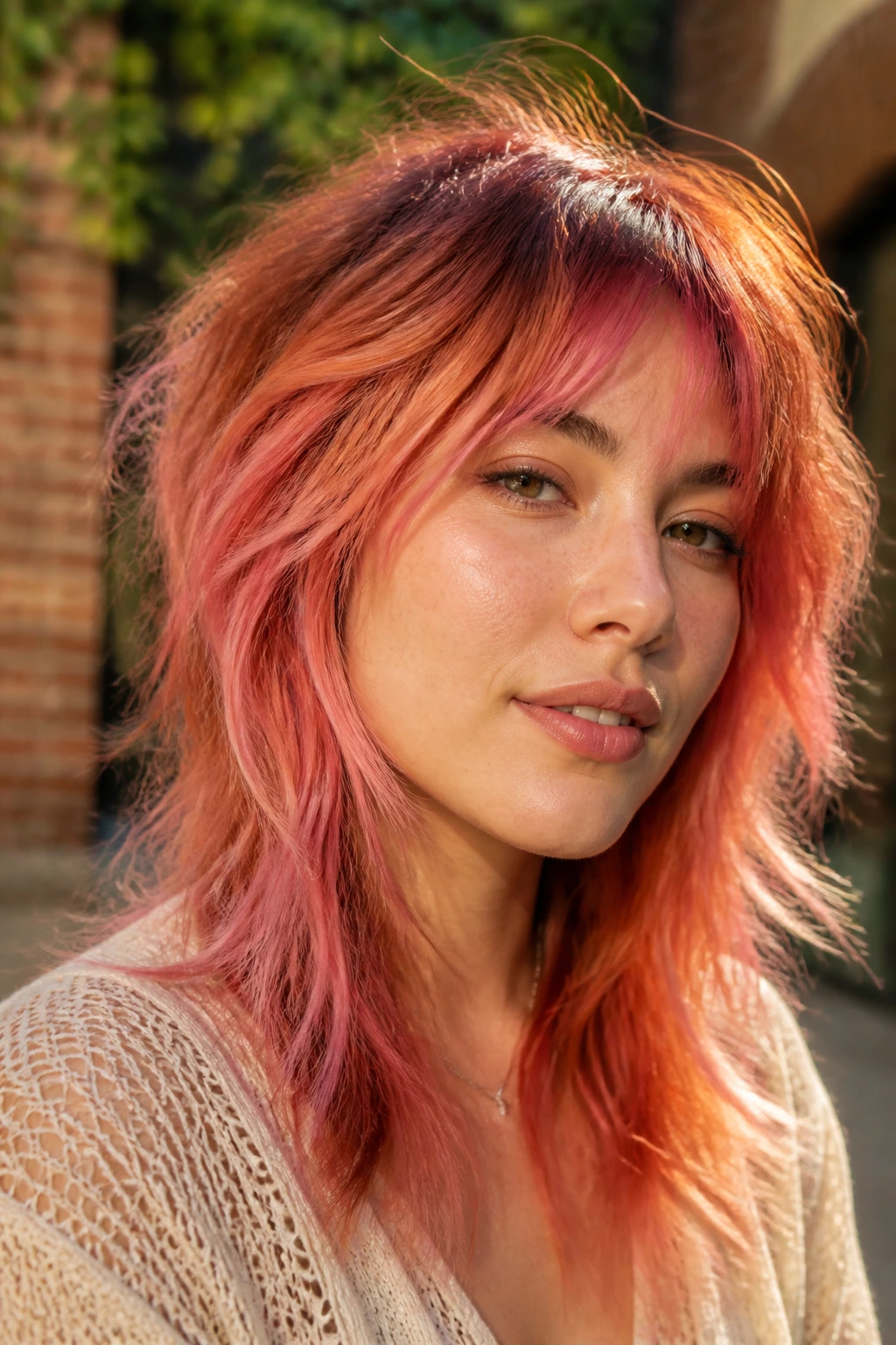 Real woman with coral-pink copper blend in layered shag under warm sunlight