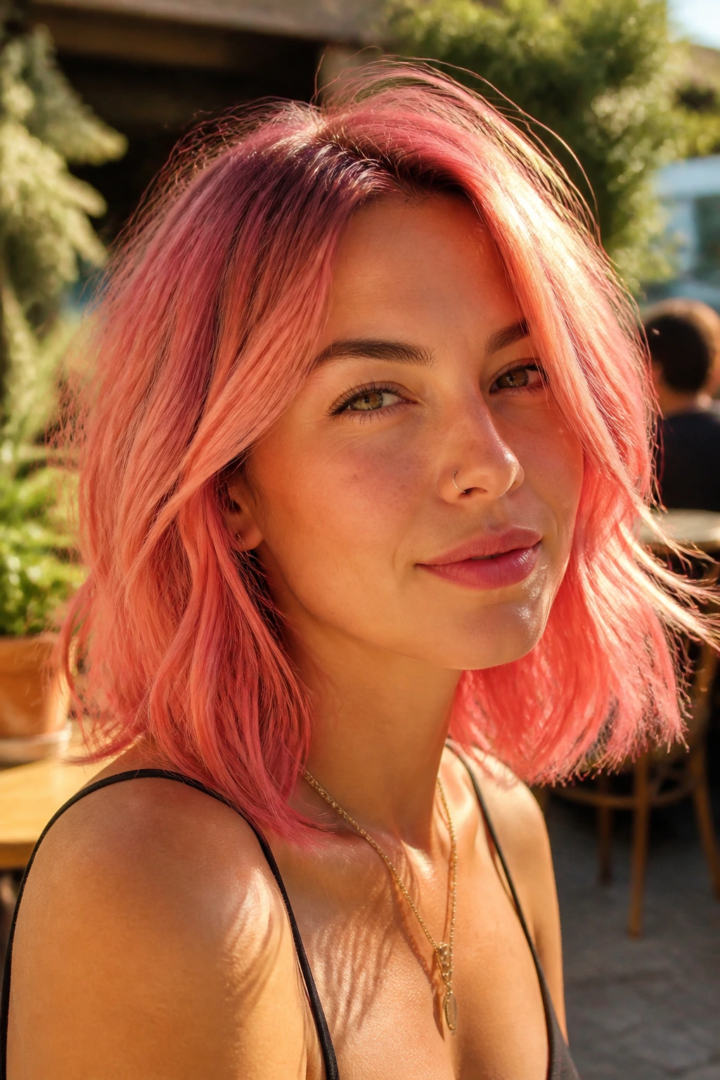 Close-up portrait of a real woman with coral pink lob hairstyle in sunlight