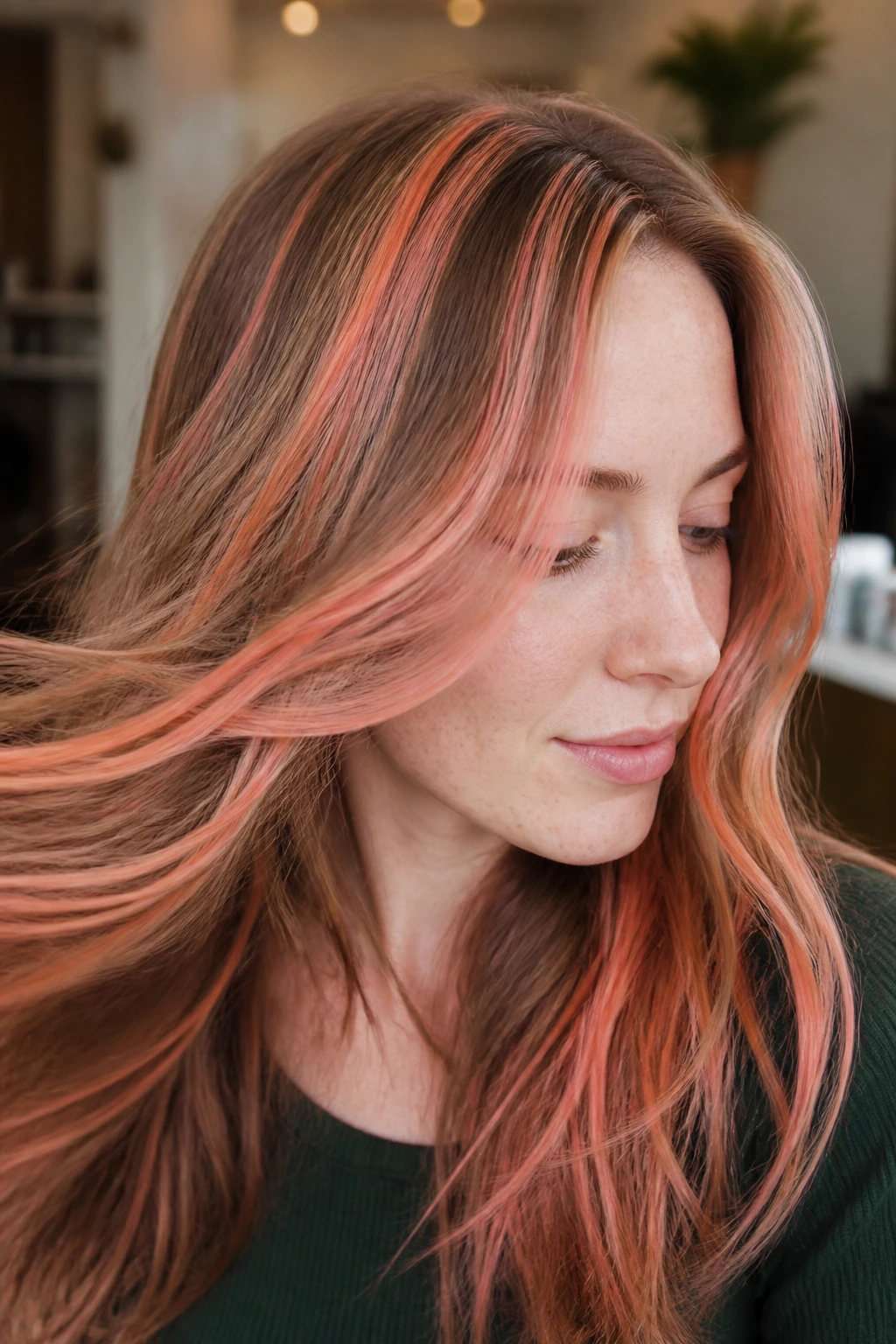 Close-up of woman with coral ribbon highlights woven through hair on pale skin.