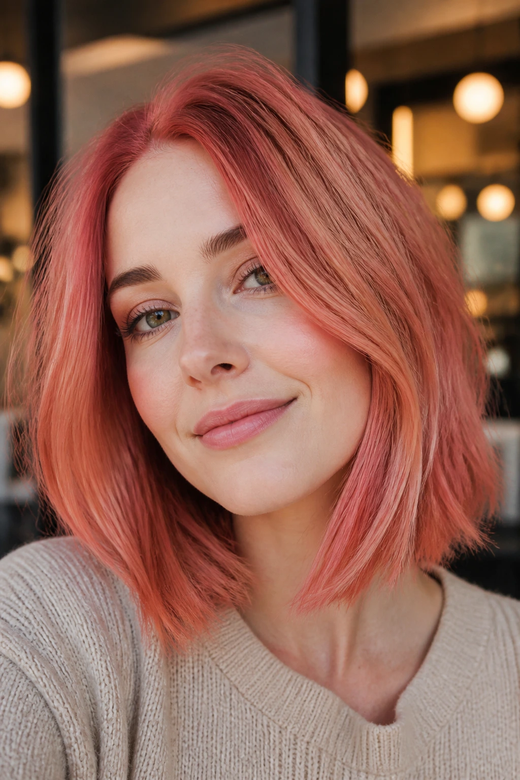 Coral rose gold lob on pale skin in warm interior light