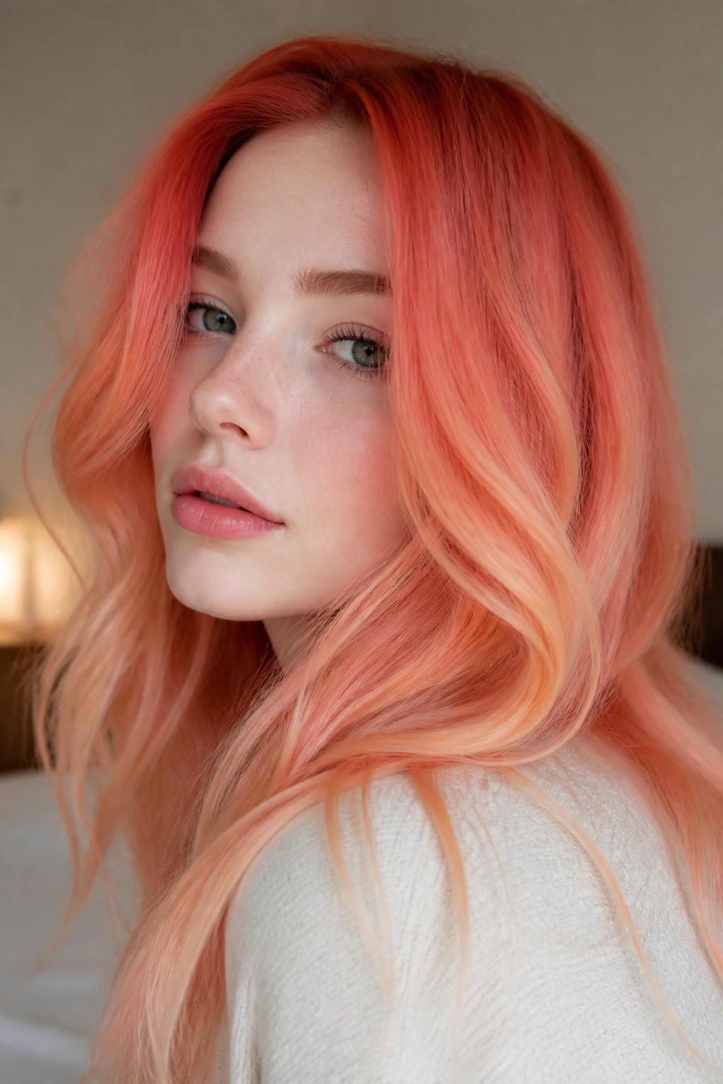 Close-up of hair with coral to salmon fade on pale skin