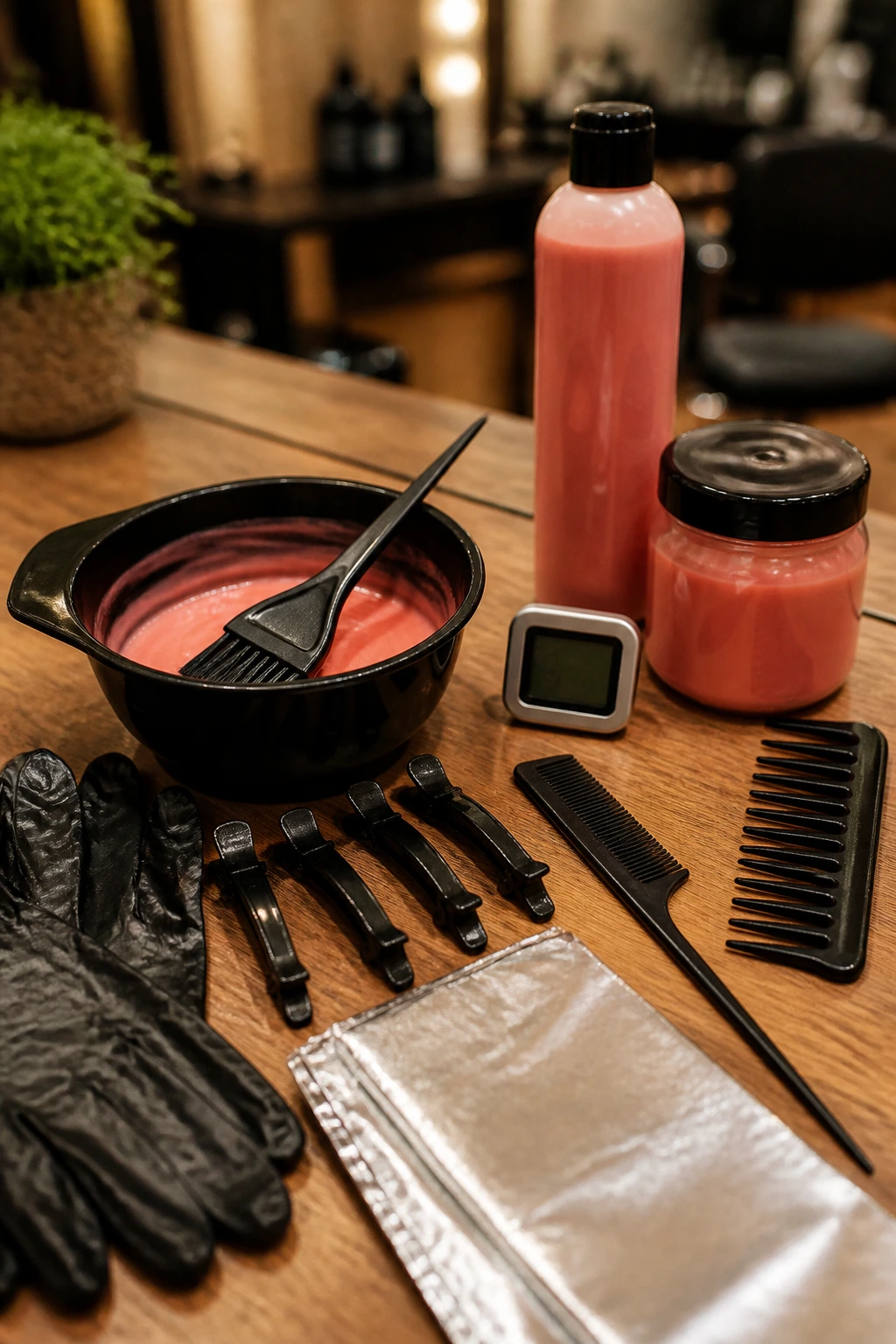 Close-up of essential coral color session tools on a salon counter