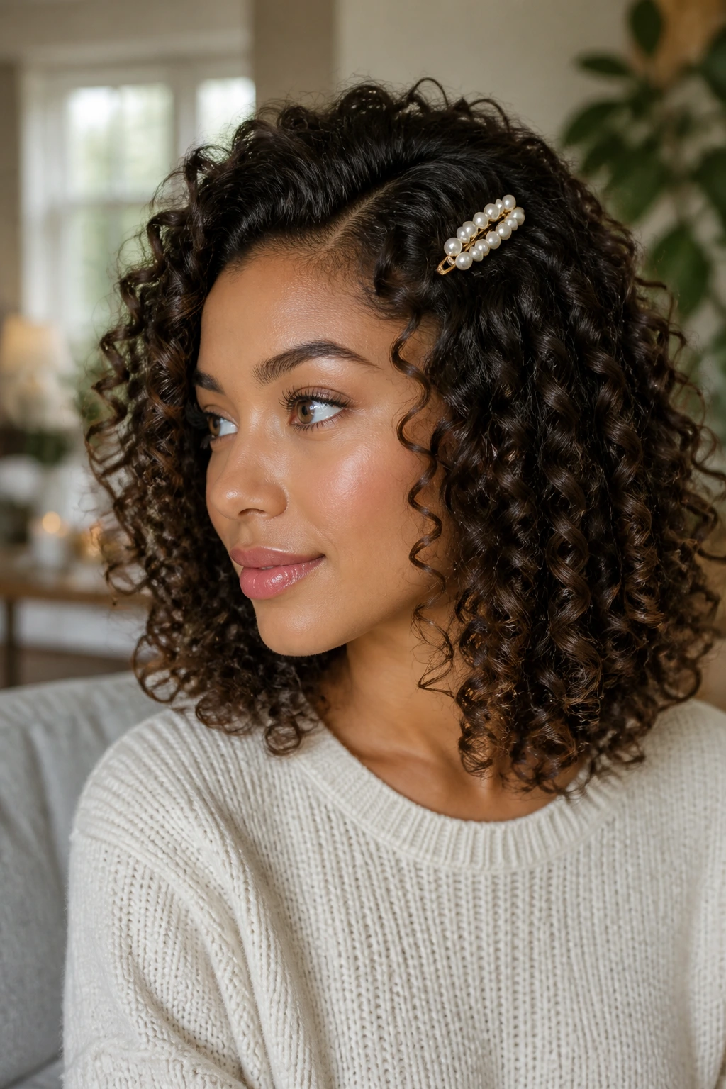 Medium close-up of shoulder-length corkscrew curls with a side comb on a real person.