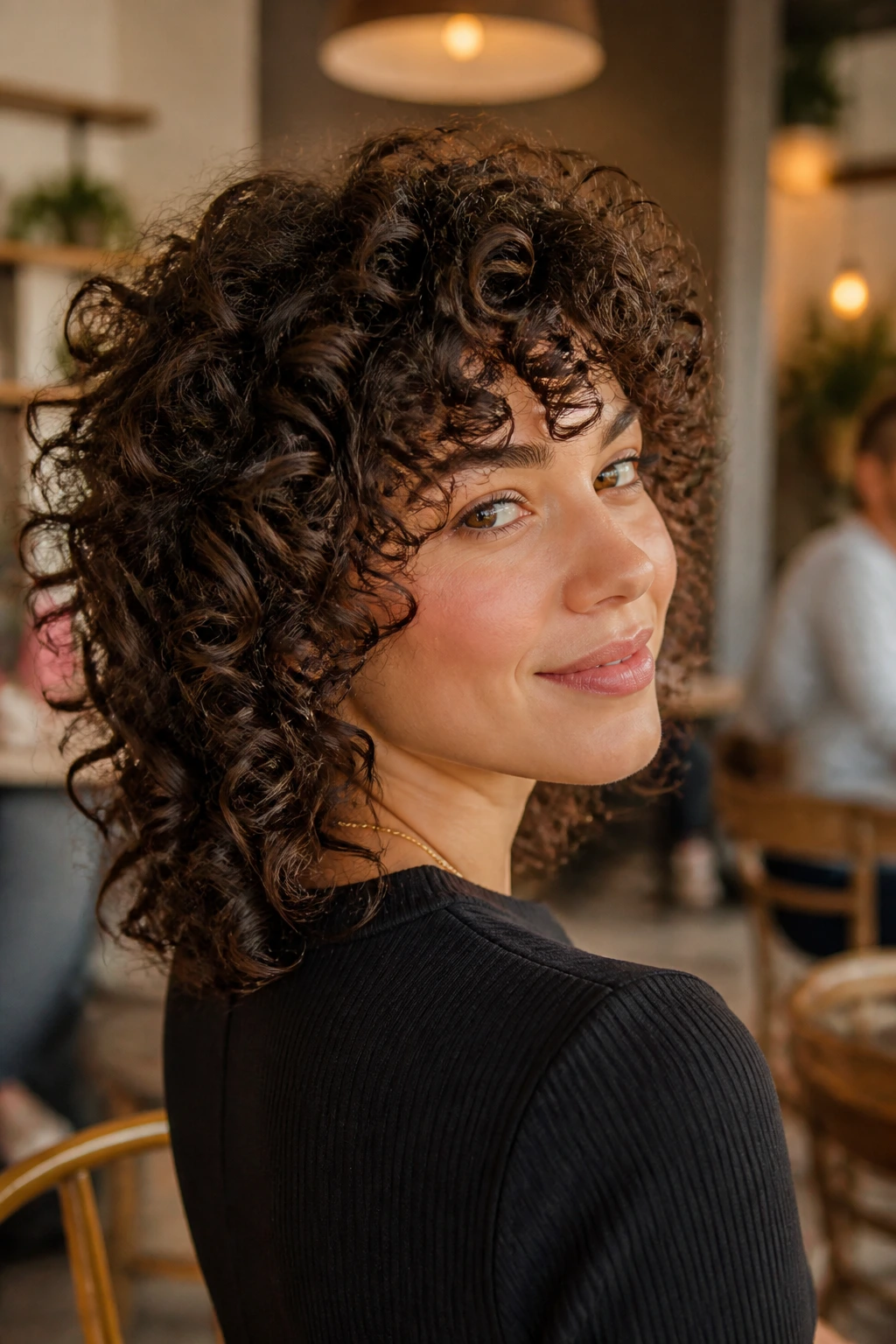 Close-up portrait of a real woman with corkscrew curls in a cozy cafe.
