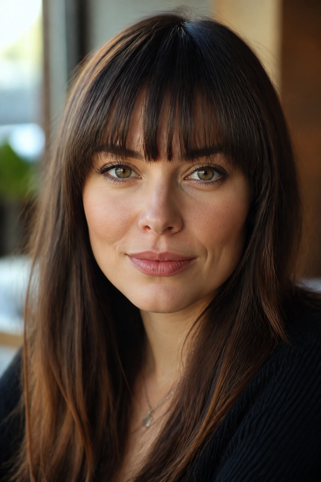 Portrait of a person with corner-softened straight bangs and softened temple edges.