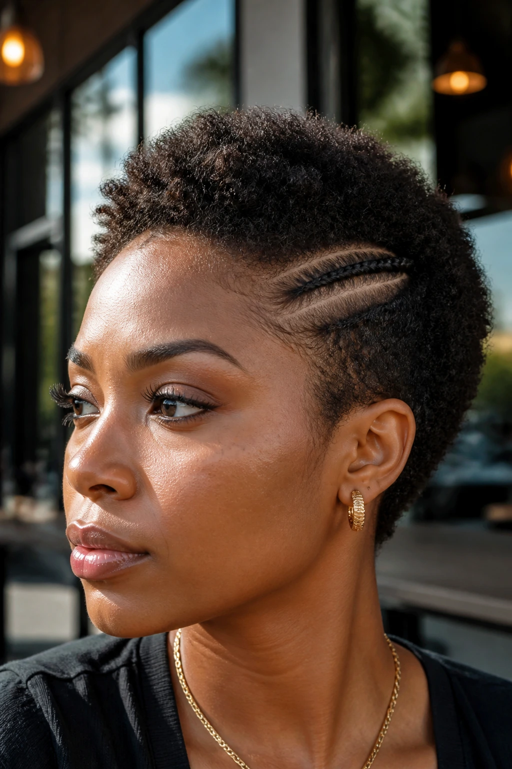 Real person with cornrow accent on a short afro in daylight