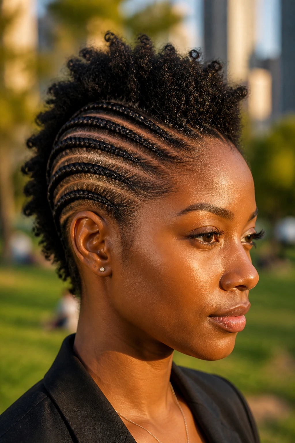 Cornrow-backed frohawk on real woman with cornrows forming the spine.