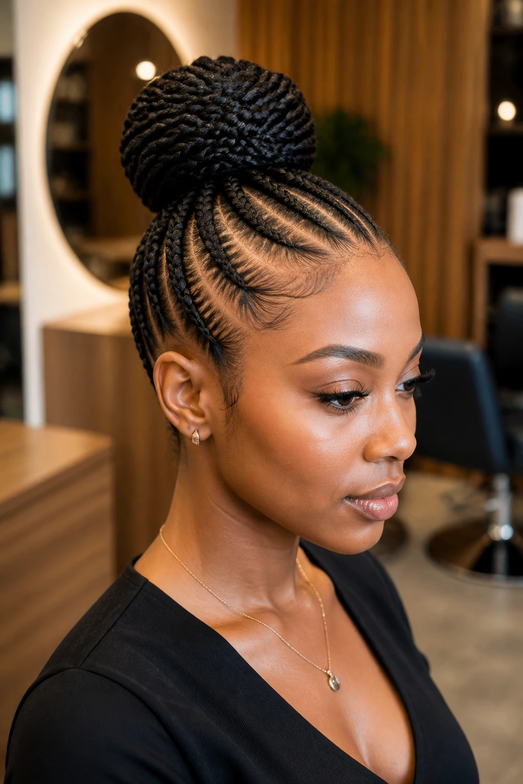Three-quarter portrait of a real woman with cornrows leading into a high bun.