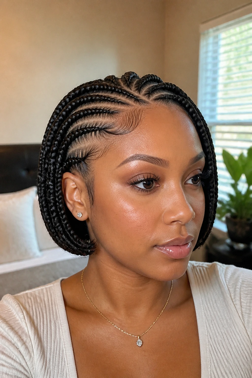 Close-up portrait of a real woman with a cornrow bob and tucked-under ends along the jawline