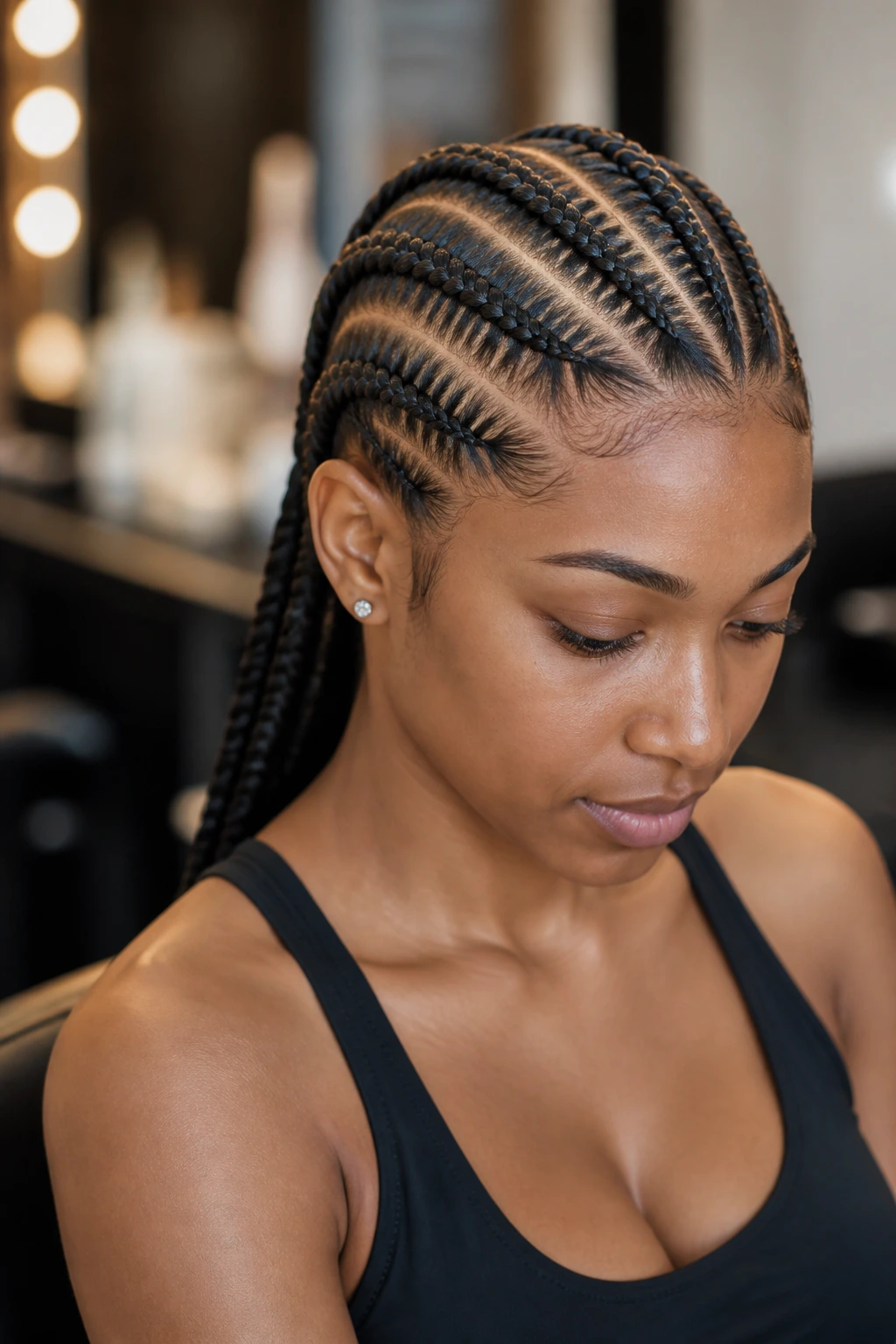 Close-up of a real woman with cornrow-inspired back braids on straight hair
