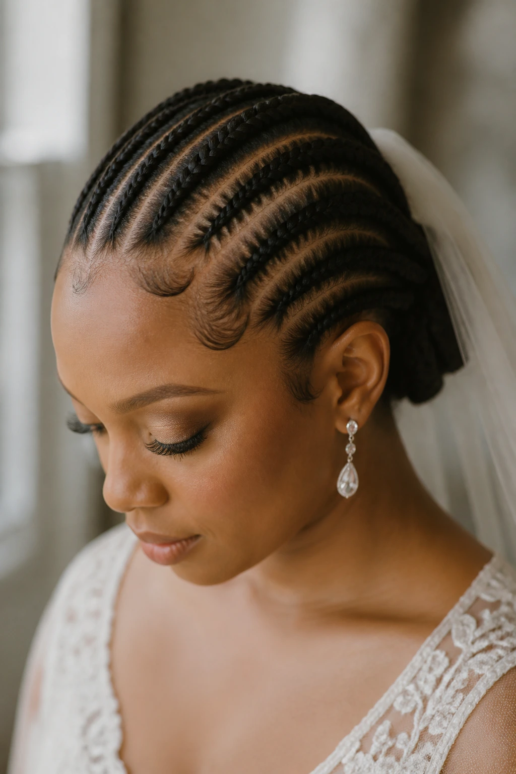 Close-up of a real bride with neat cornrow-inspired braids along the scalp.