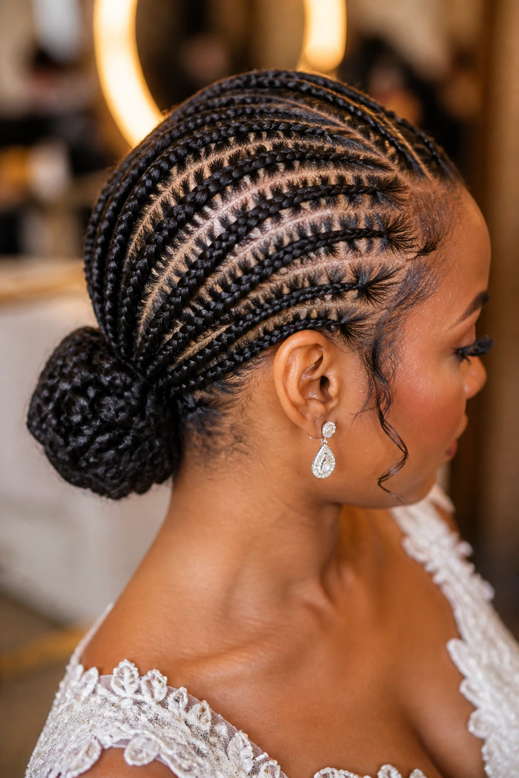 Close-up of a bride with a soft cornrow feed-in bun and smooth part line.