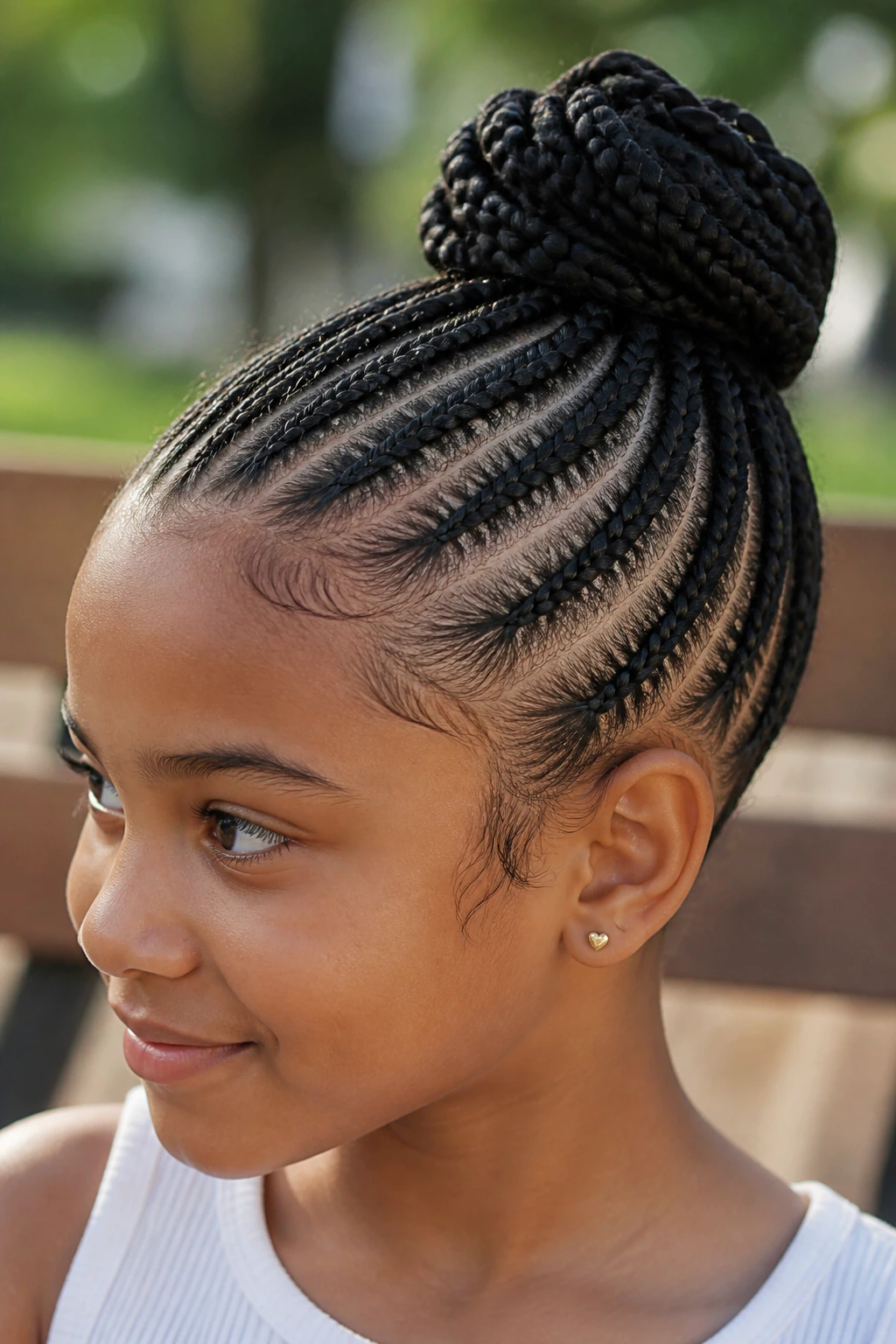 Girl with cornrows leading into a bun in a sunny setting