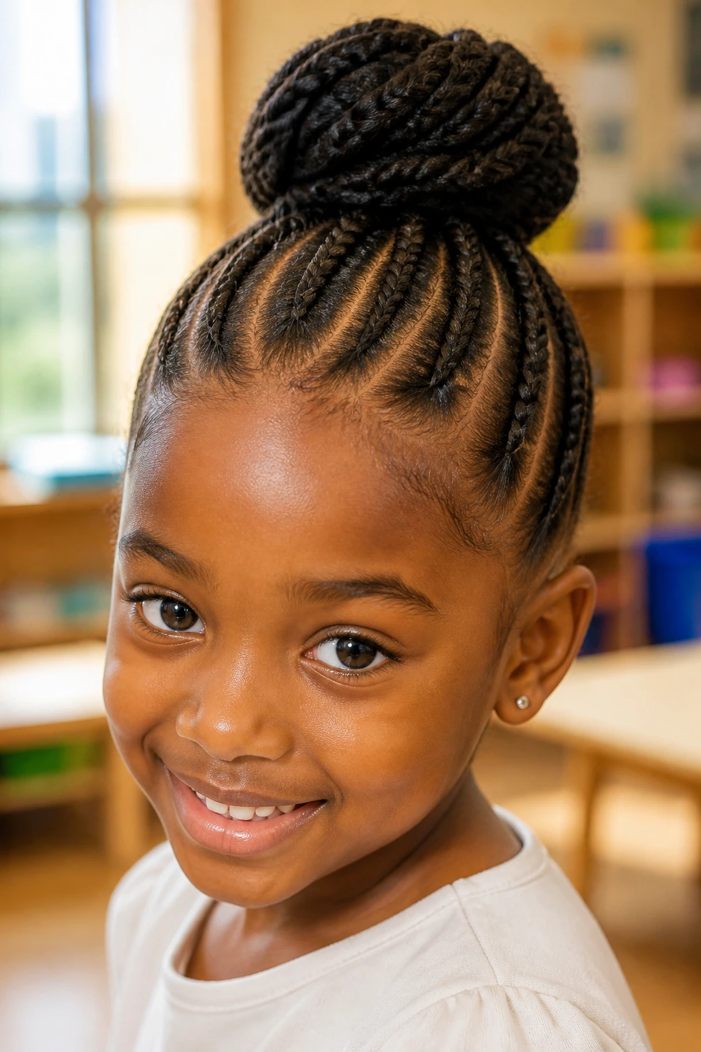 Close-up of a child with cornrows leading into a bun