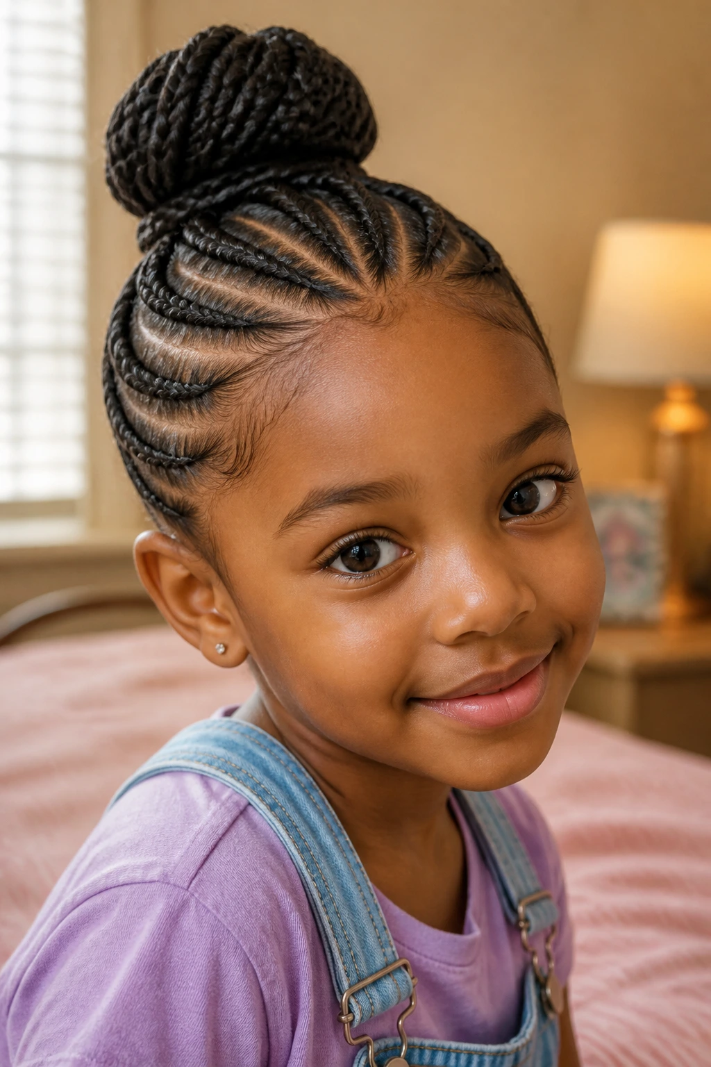 Close-up of a real girl with a cornrow bun and neat scalp braids