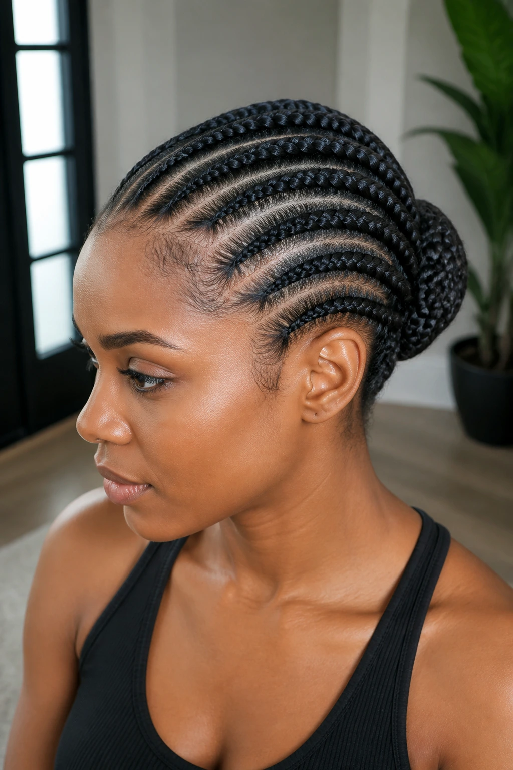 Portrait of a woman with cornrows forming a bun at the back