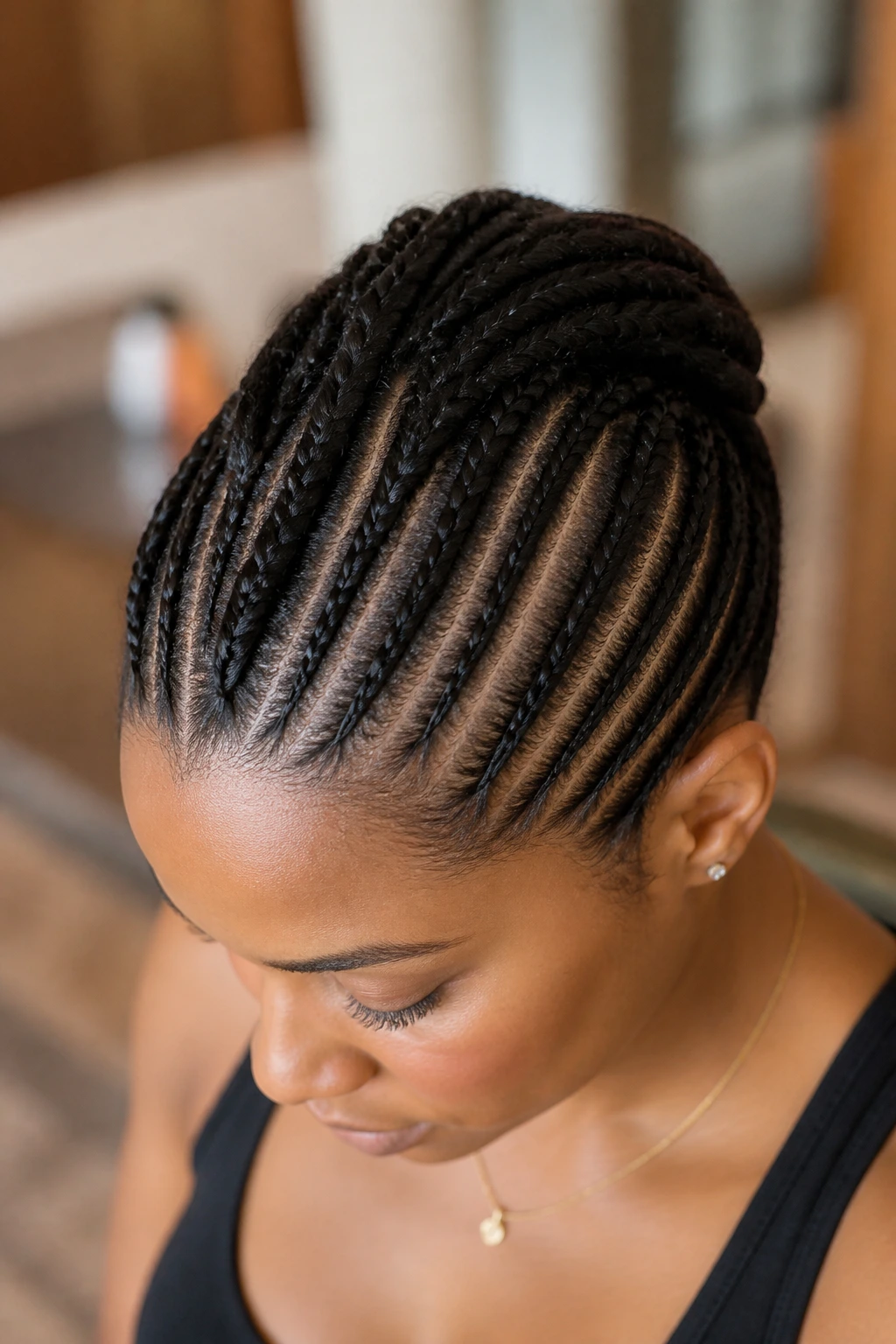 Close-up of a real woman showing cornrows forming a centered faux hawk
