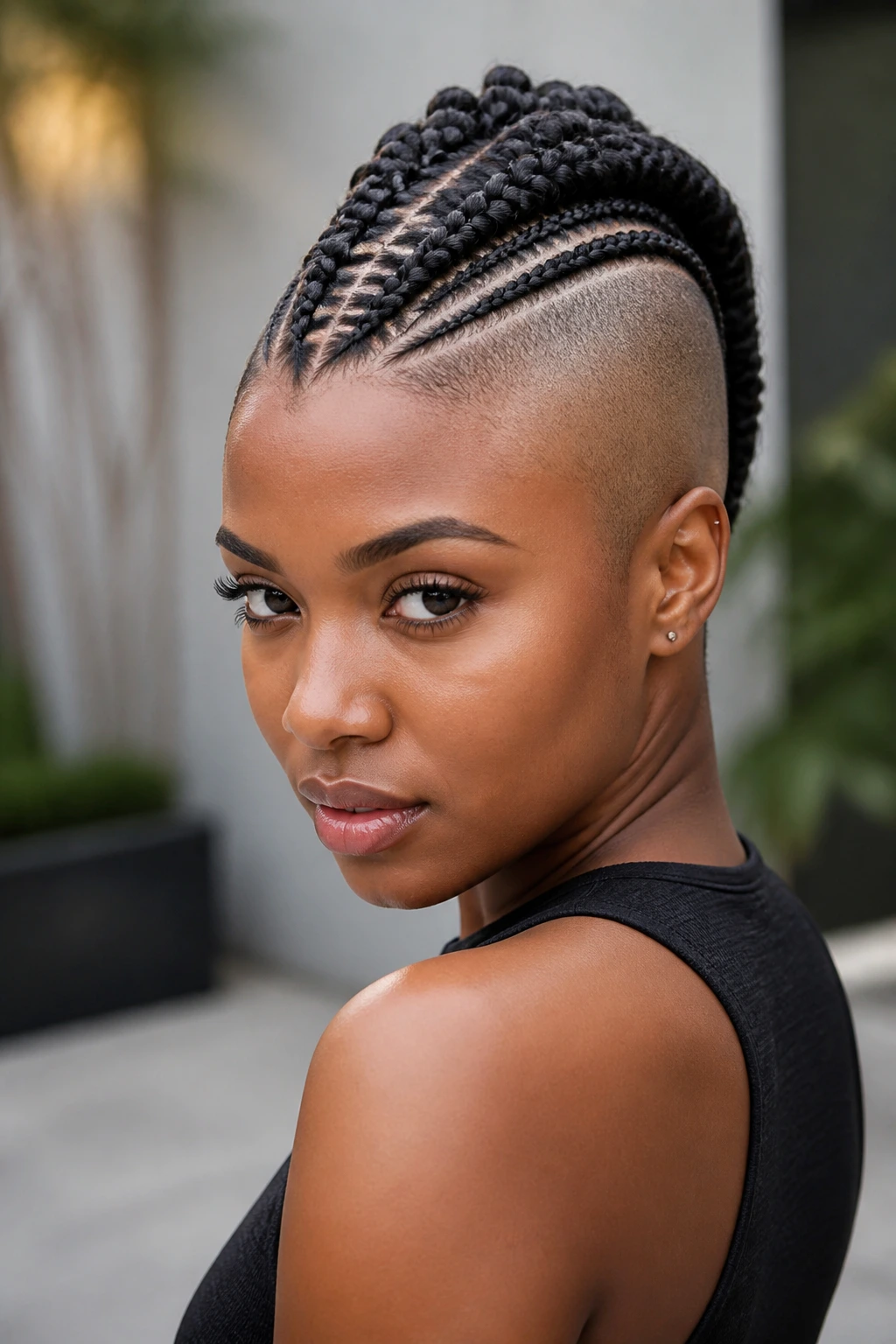 Portrait of a woman with cornrow center ridge mohawk in an urban courtyard