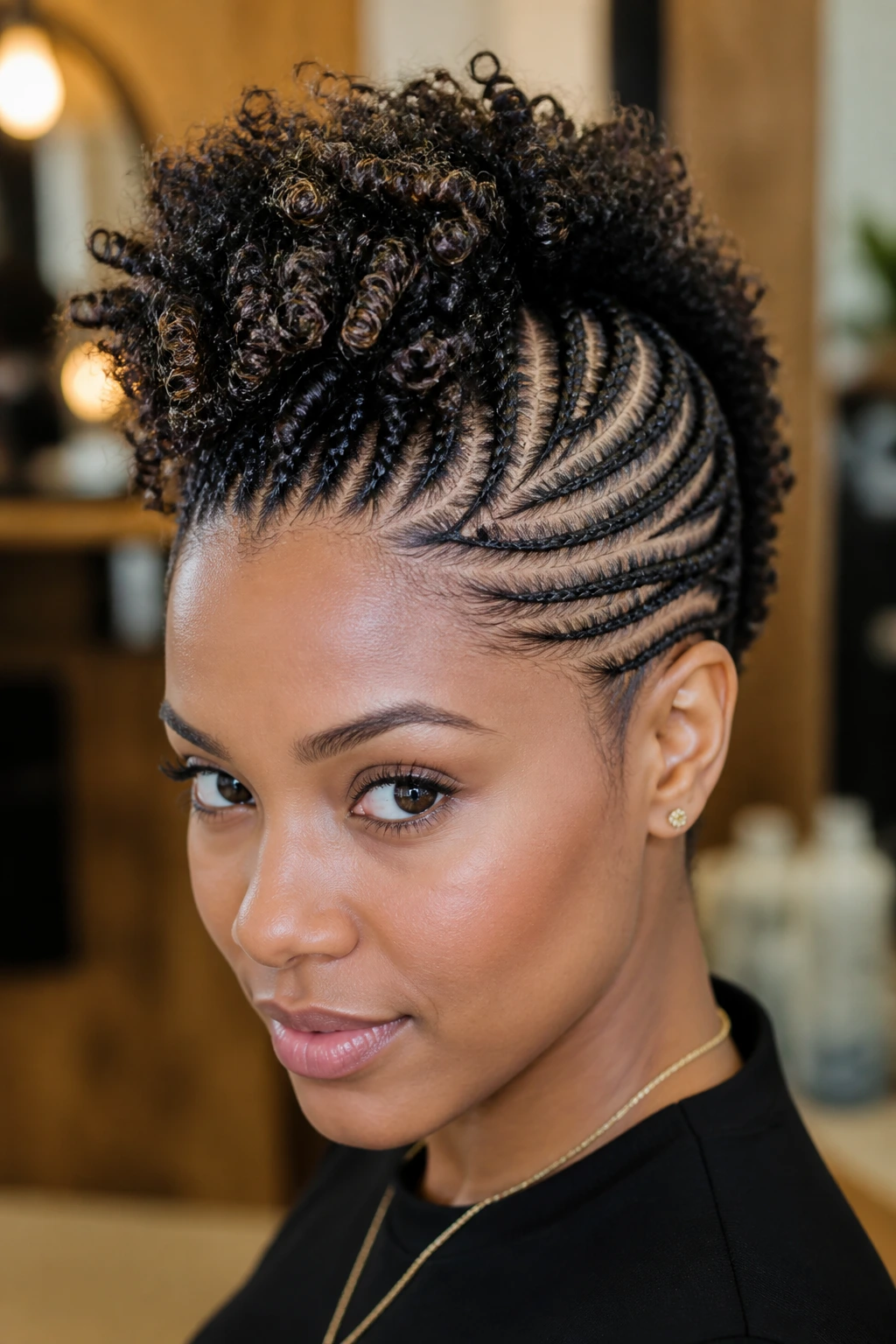 Close-up of cornrow detail curly mohawk on a real woman