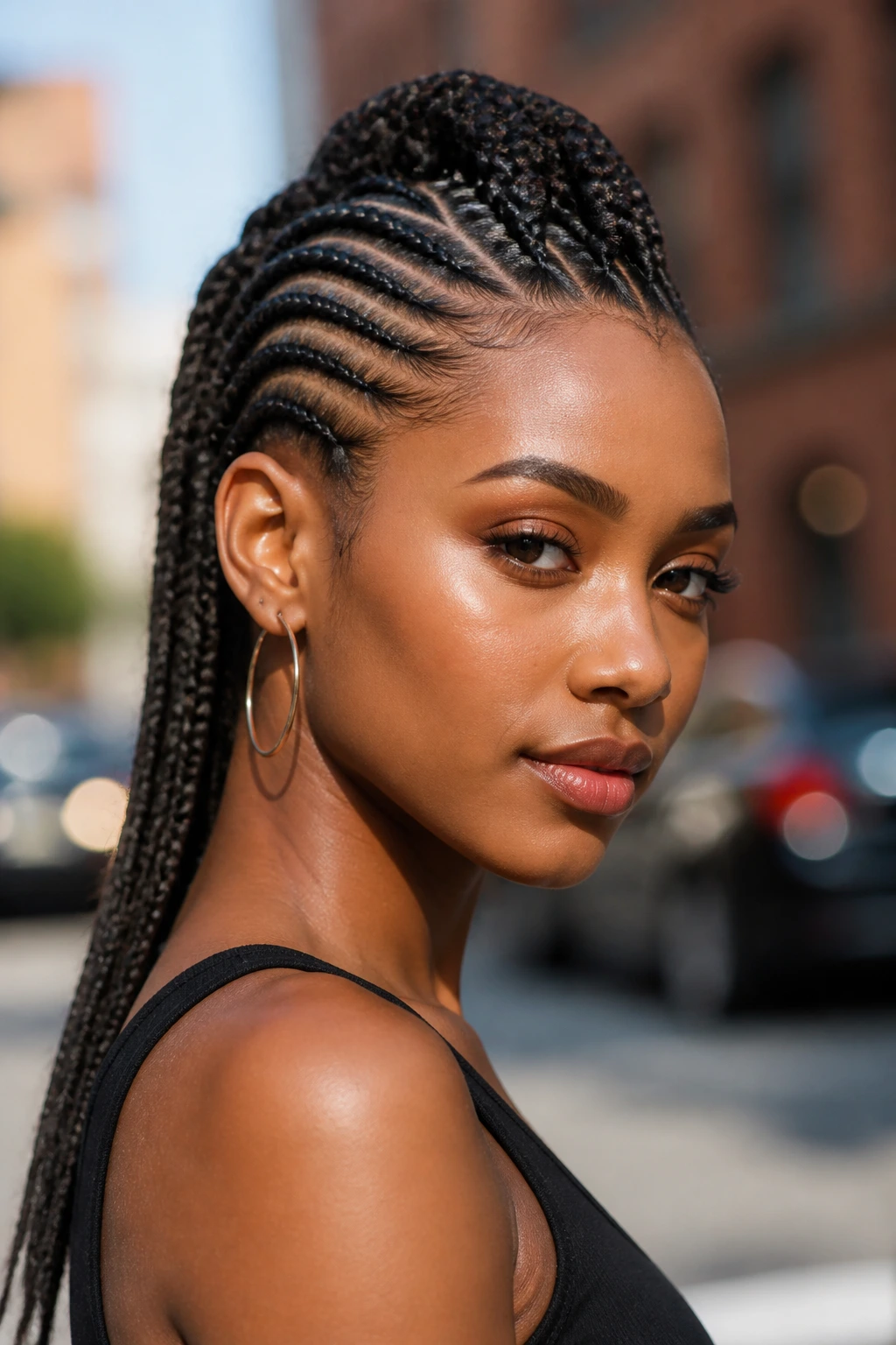 Close-up portrait of a real person wearing a cornrow faux hawk with center ridge and sleek sides