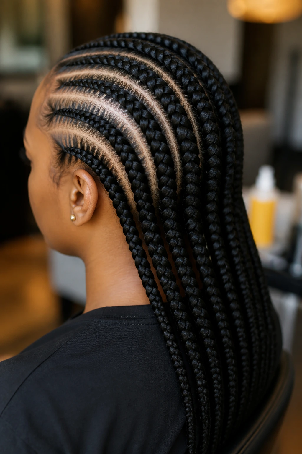 Close-up of a real person with long hair in feed-in cornrows.