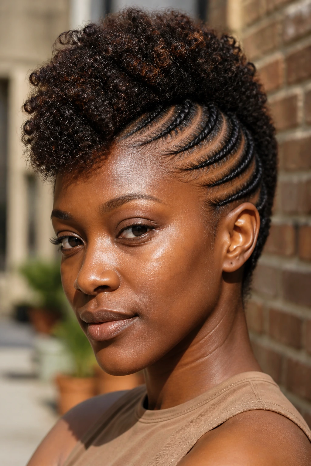 Close-up of a real woman with a cornrow-side frohawk and defined center volume.