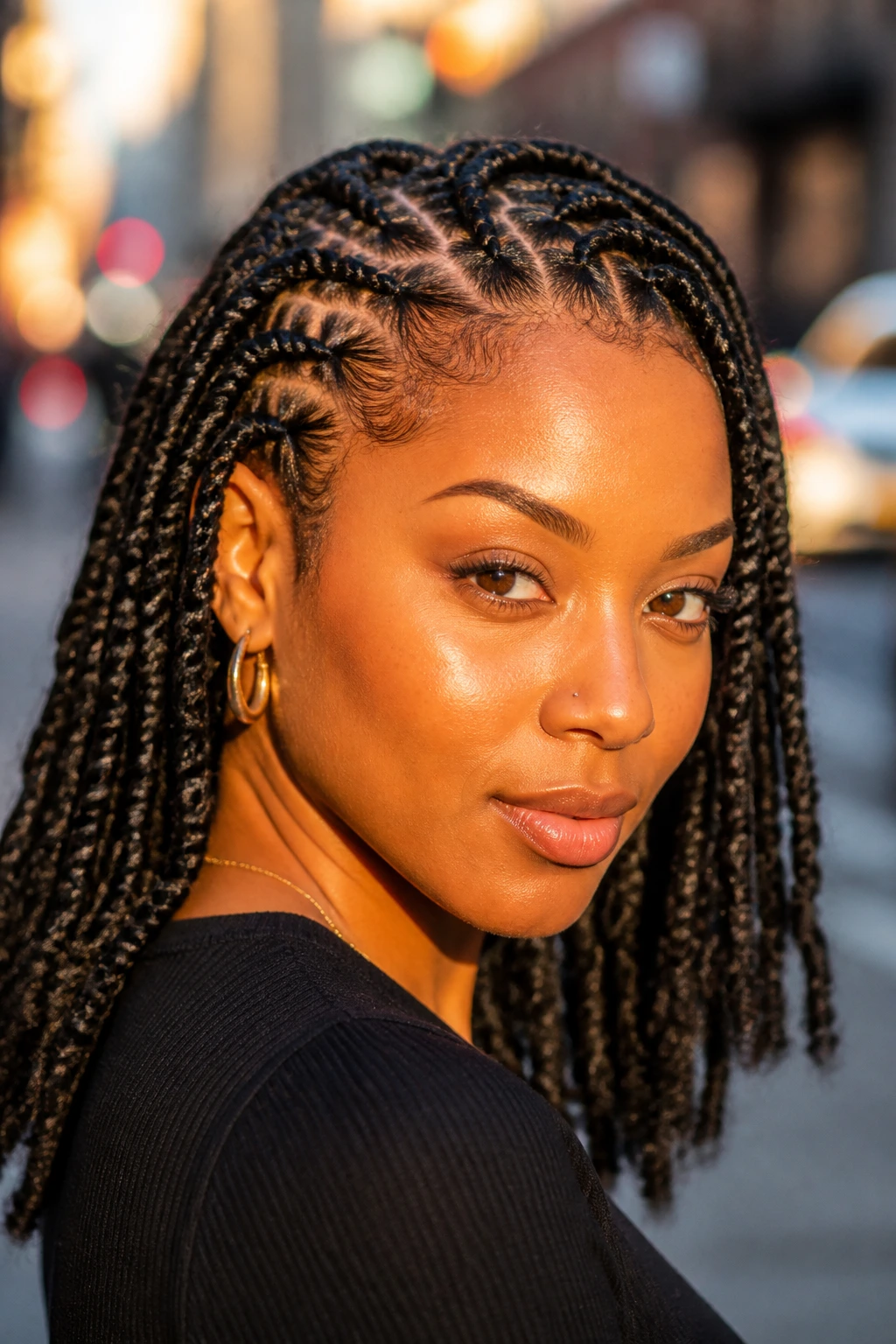 Close-up of a real person with front cornrows blending into Senegalese twists