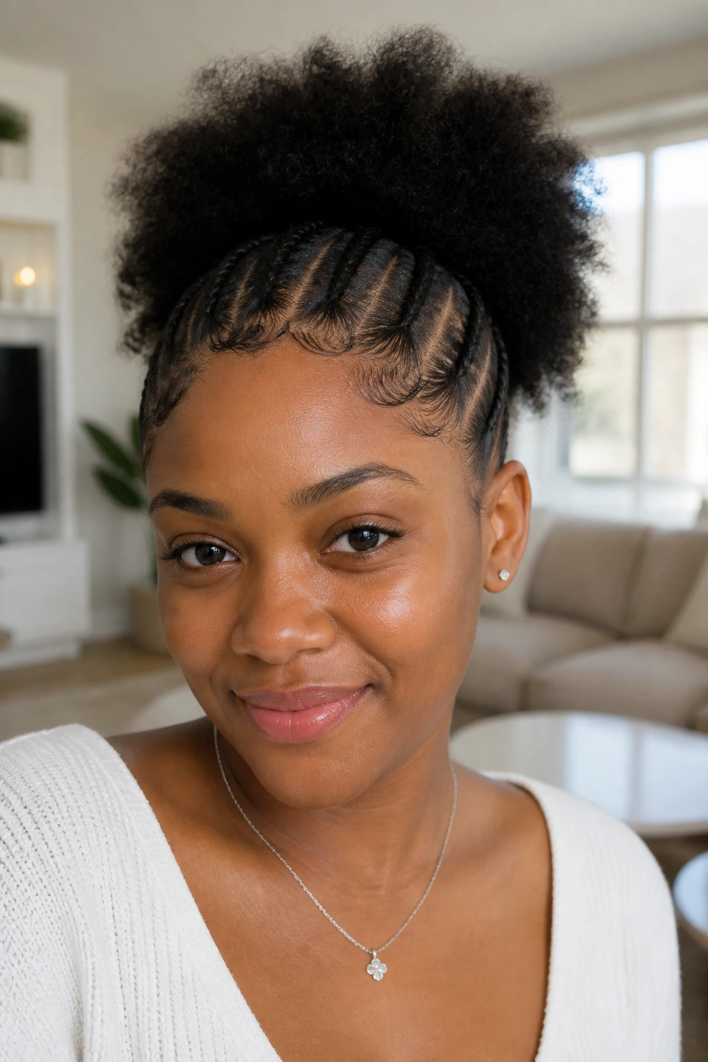 Close-up of a real woman with cornrowed front and high puff in softly lit room