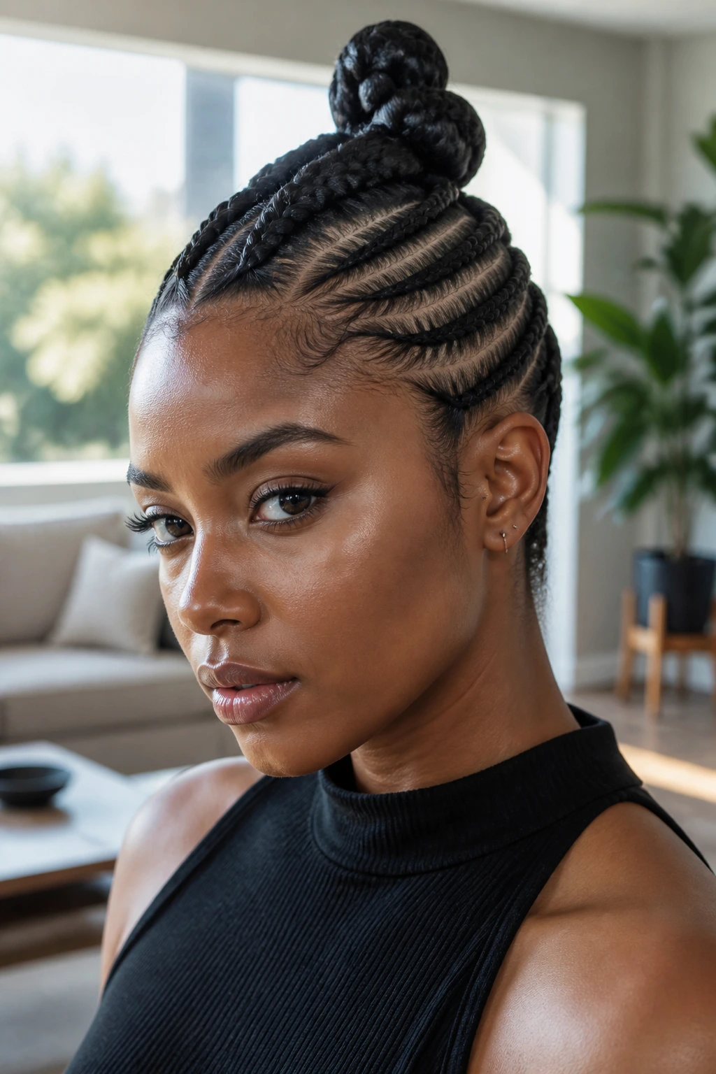 Close-up of a real person with cornrow-to-knot hawk hairstyle
