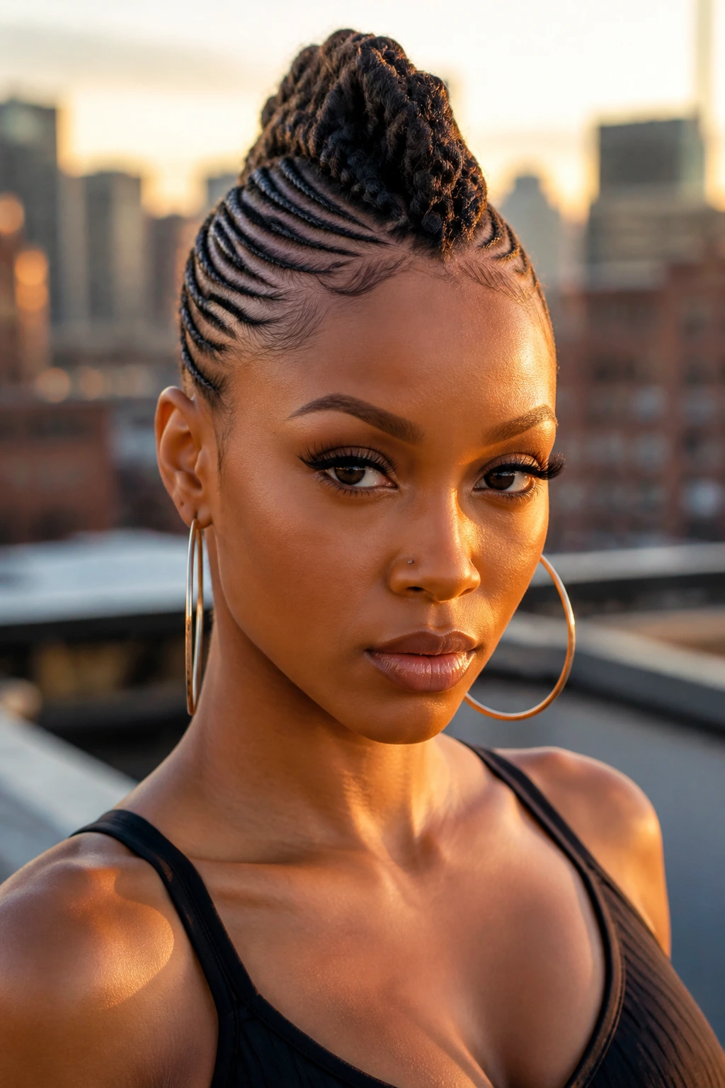 Portrait of a woman with a center cornrow mohawk on an urban rooftop