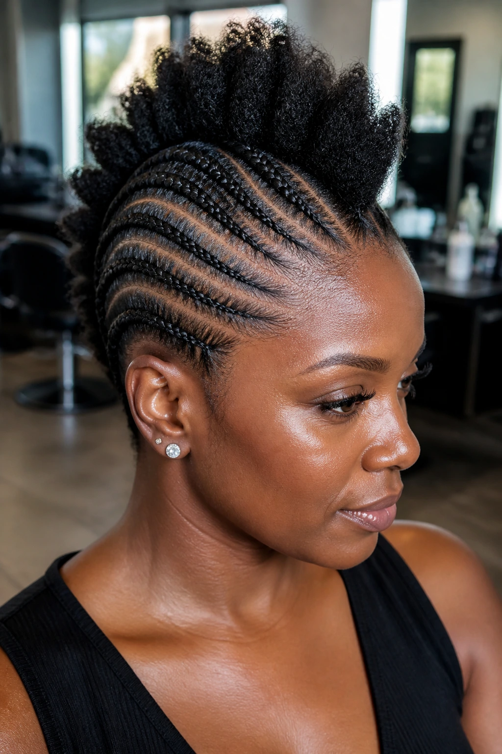 Close-up of classic center cornrow mohawk on a real person