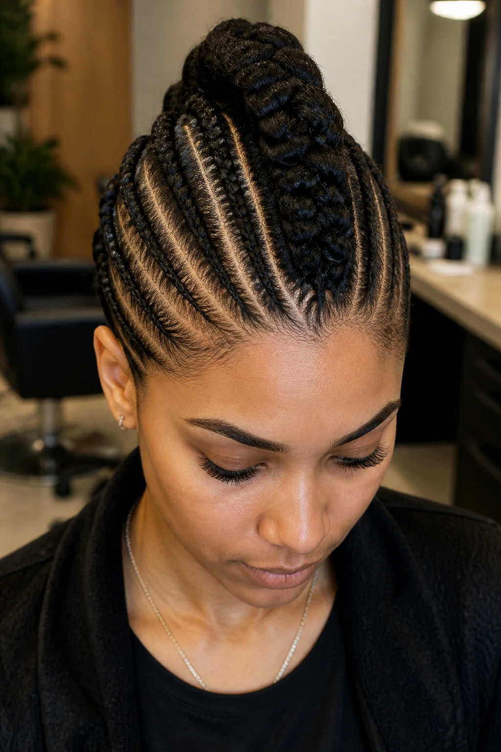Close-up of a real woman with cornrows and center ridge mohawk