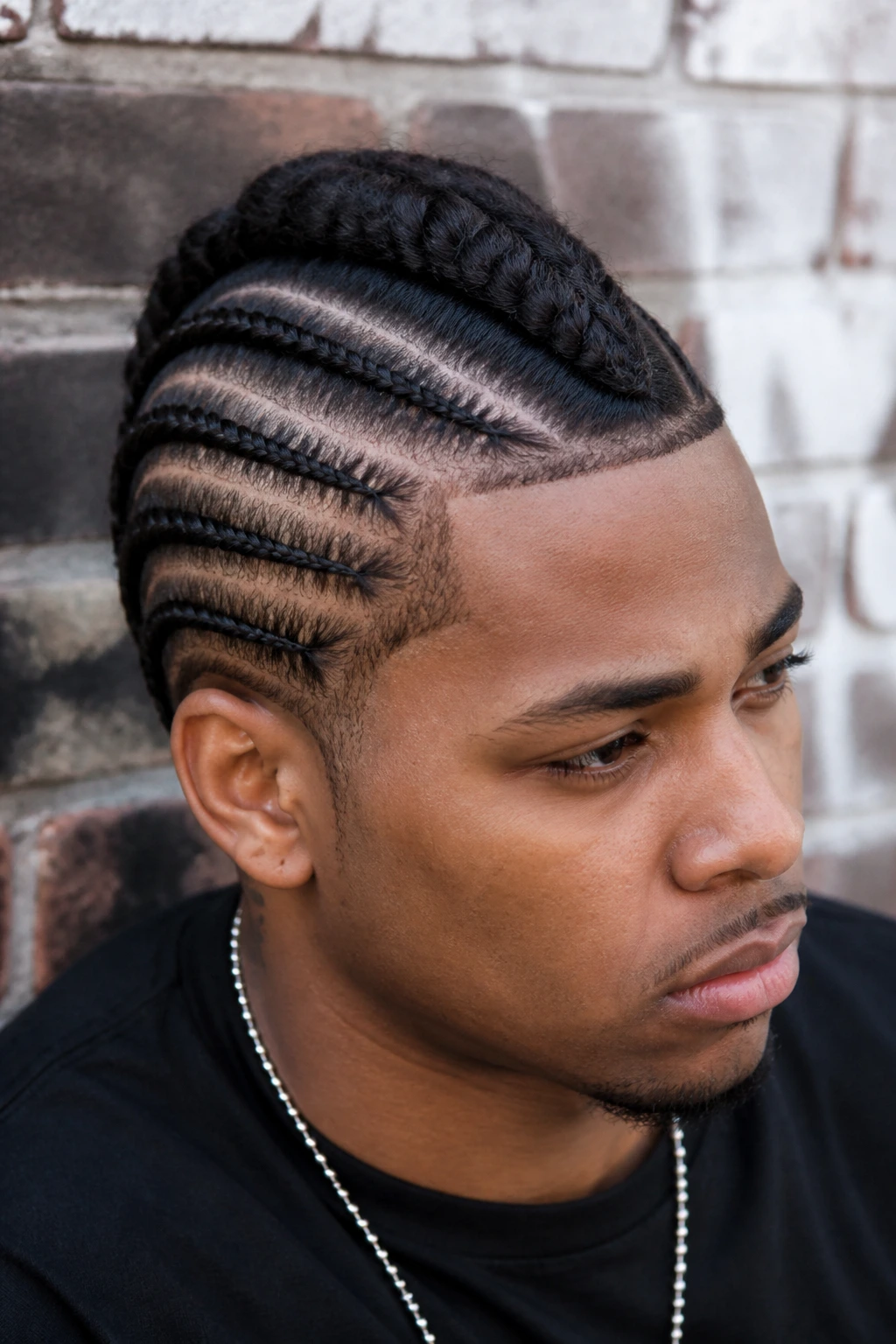 Close-up portrait of a real person with a cornrow mohawk in an urban setting