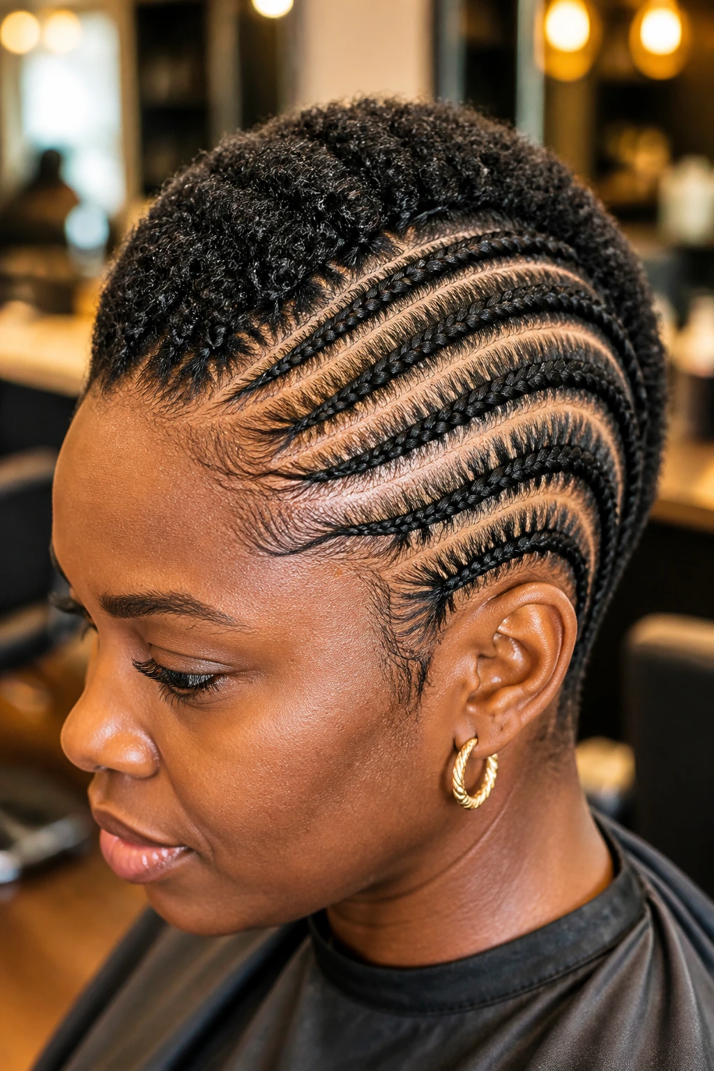 Close-up headshot of a person with tight side cornrows and a fuller center strip mohawk on short hair