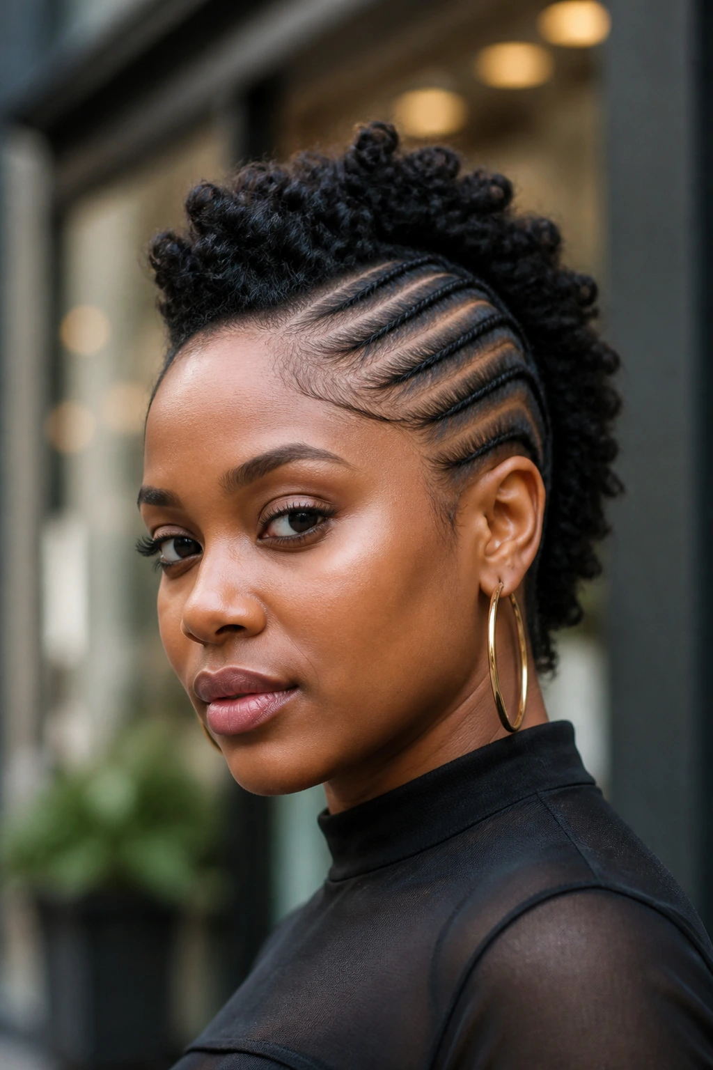 Close-up of a real Black woman with cornrows framing a mohawk panel in natural daylight.