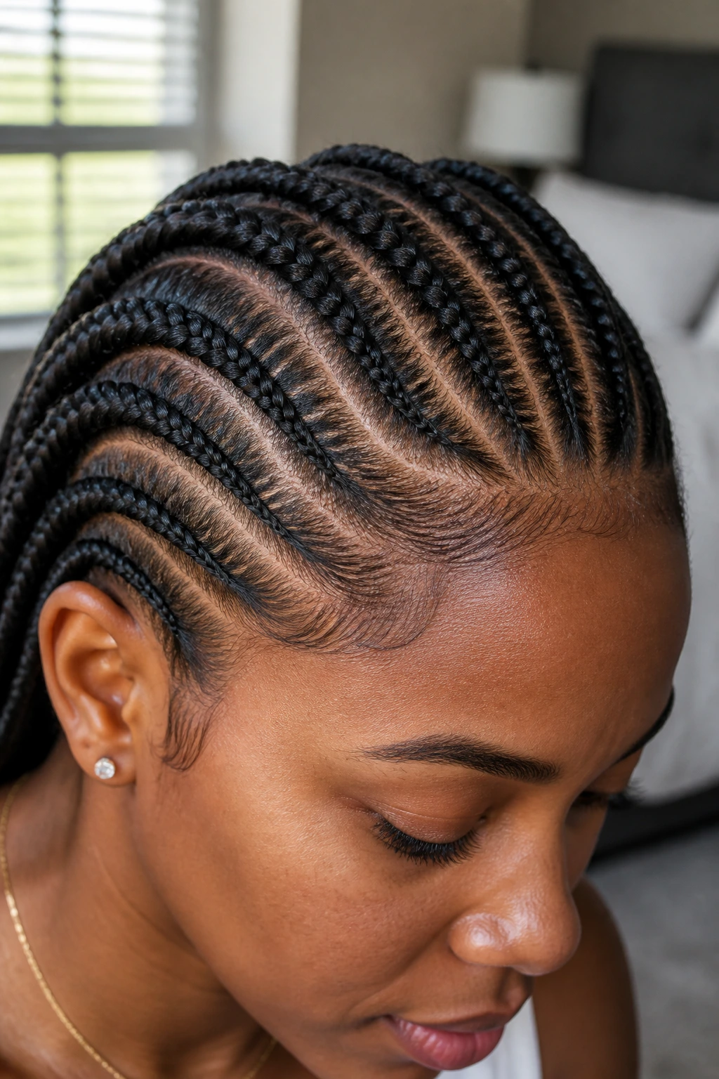 Close-up of a real woman's head showing precise cornrow pattern and clean part lines