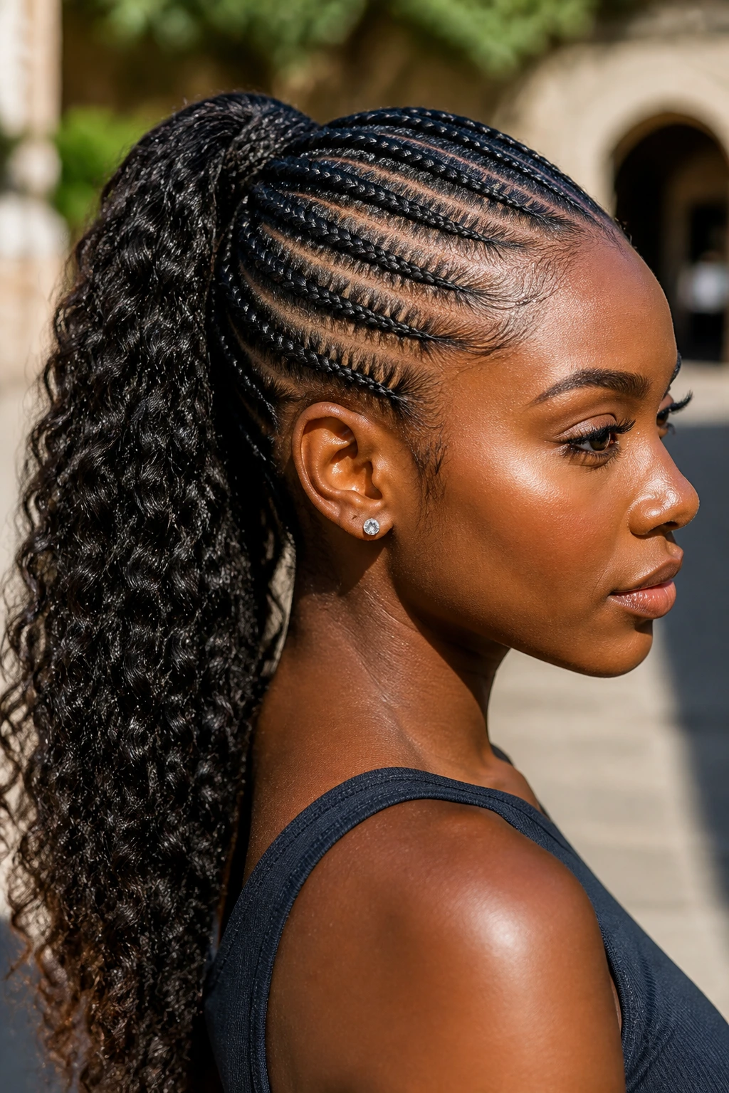 Close-up of a real woman with cornrow ponytail showing scalp pattern