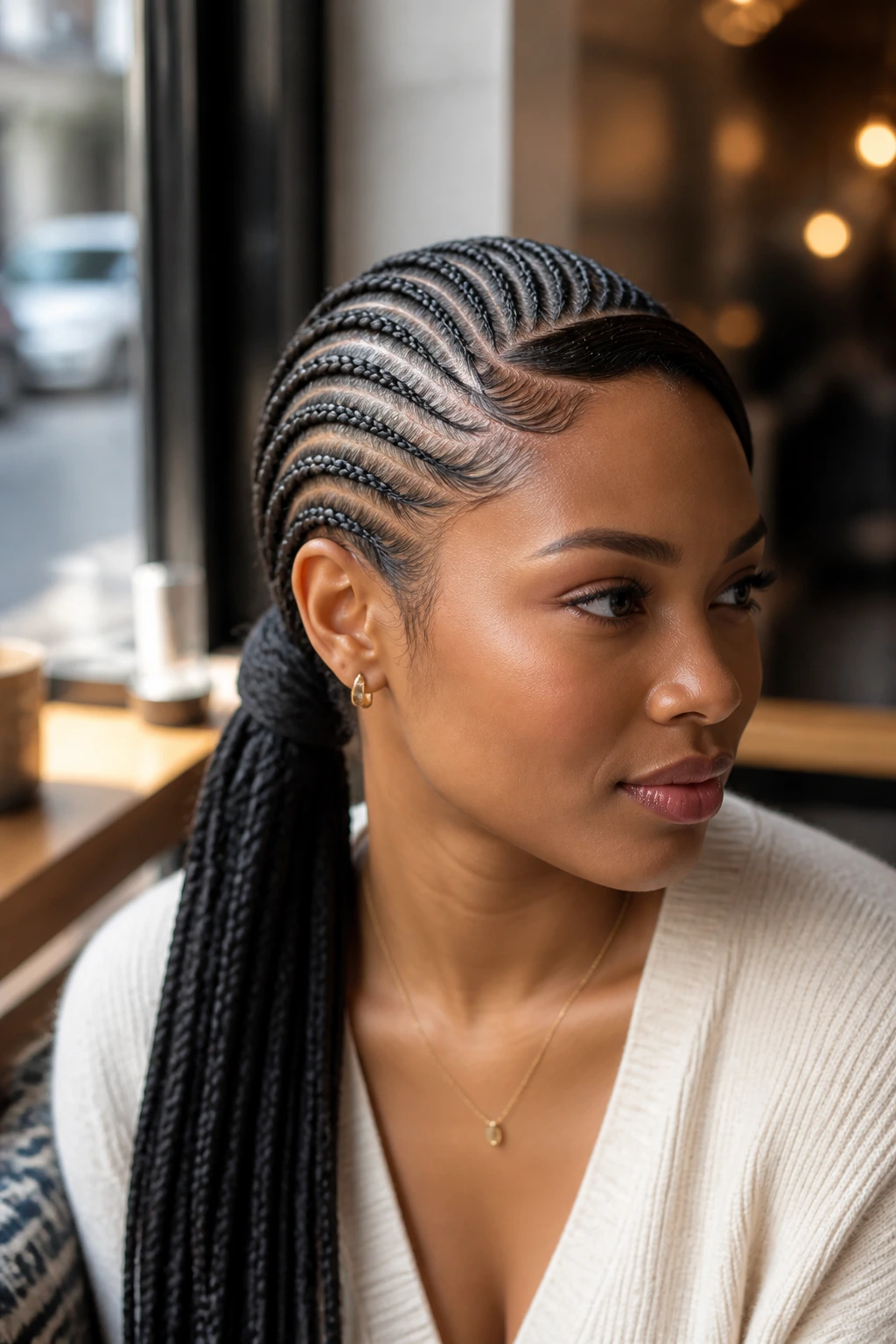 Portrait of a woman with cornrow ponytail and soft side swoop