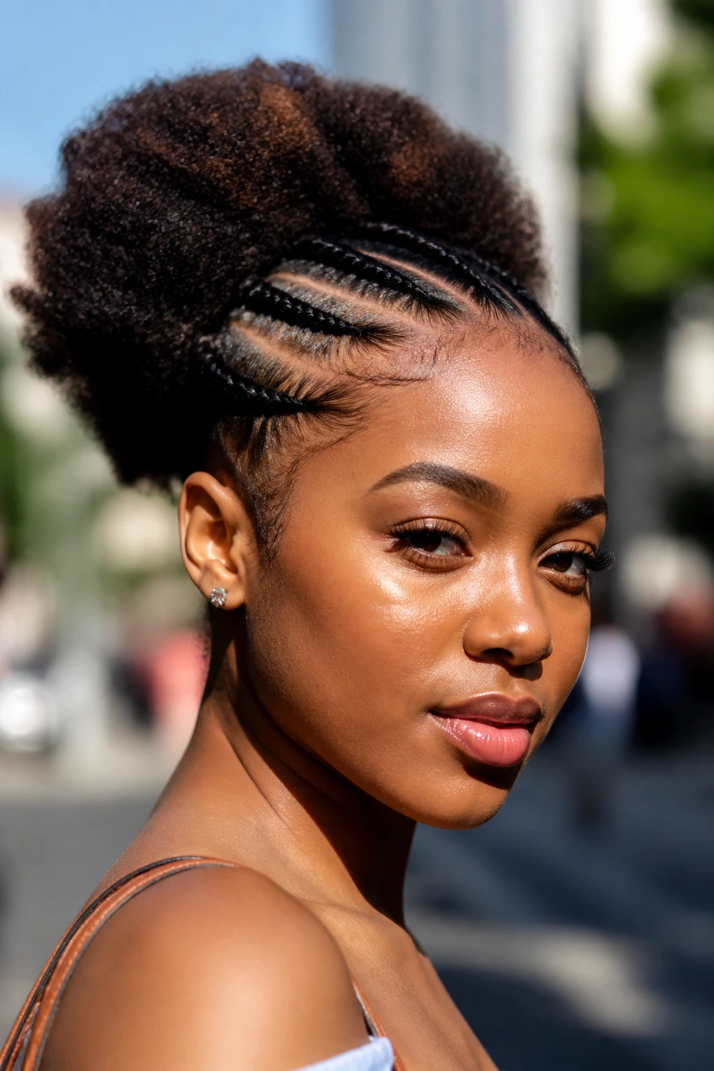 Real woman with cornrows at the hairline and a puff behind on a sunny street.
