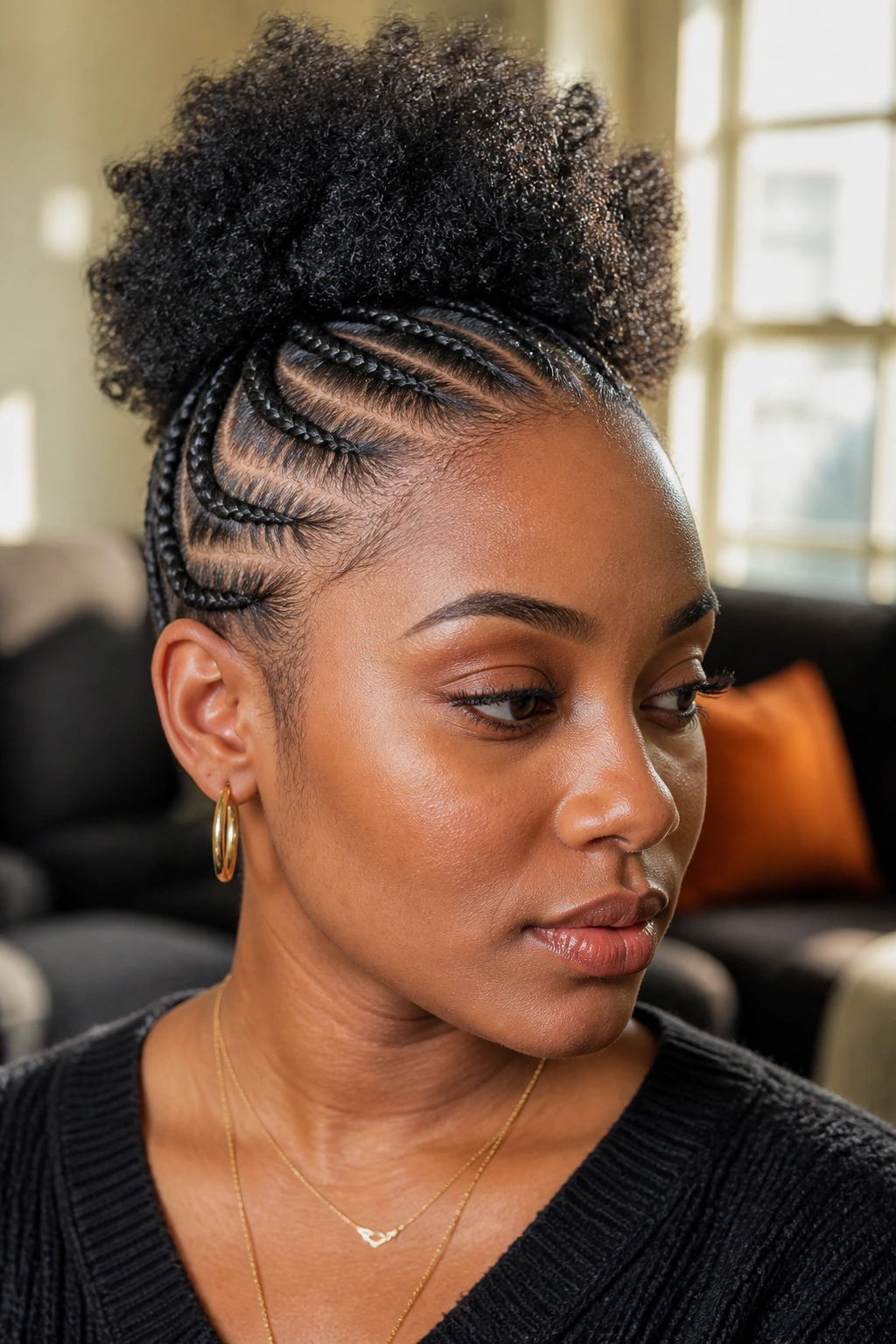 Close-up of Cornrow-and-Puff Combo on a real woman with cornrows and a central puff