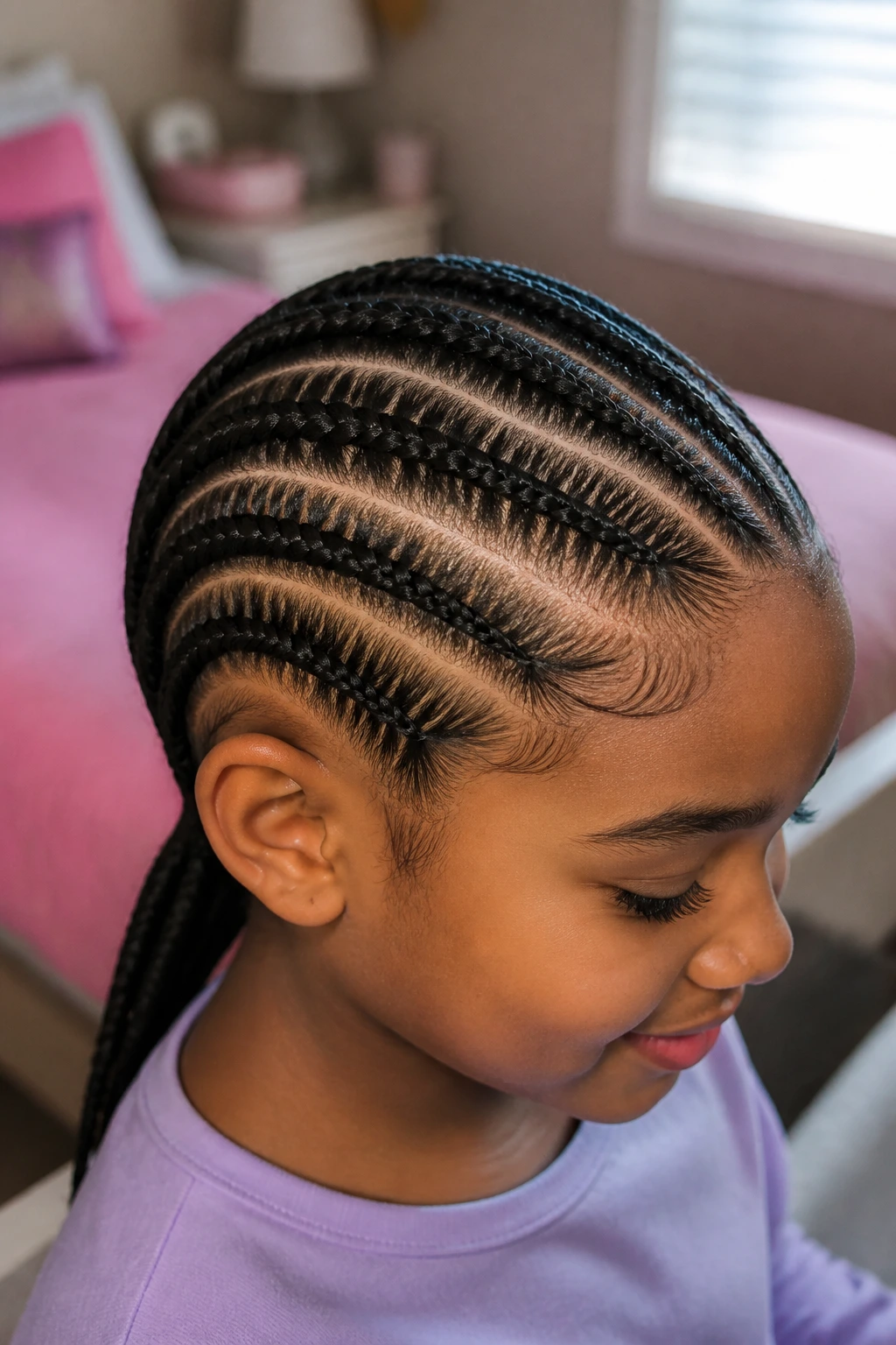 Close-up of a real child with cornrow rows in a cozy bedroom