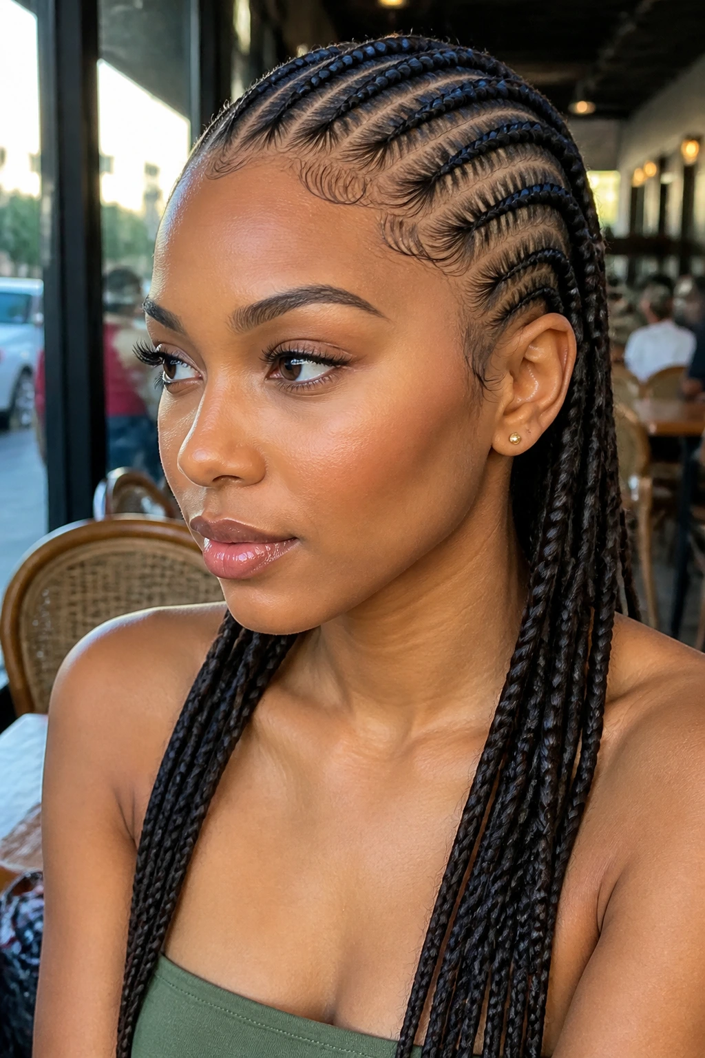 Portrait of a woman with sharp, clean cornrow lines and precise parting