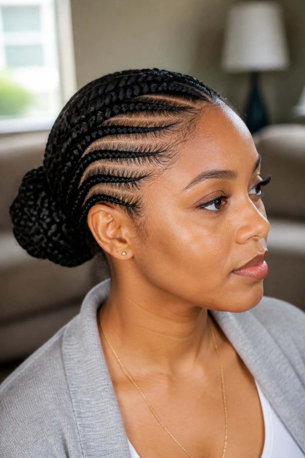 Portrait of a real woman with cornrows swept to one side into a tucked bun.