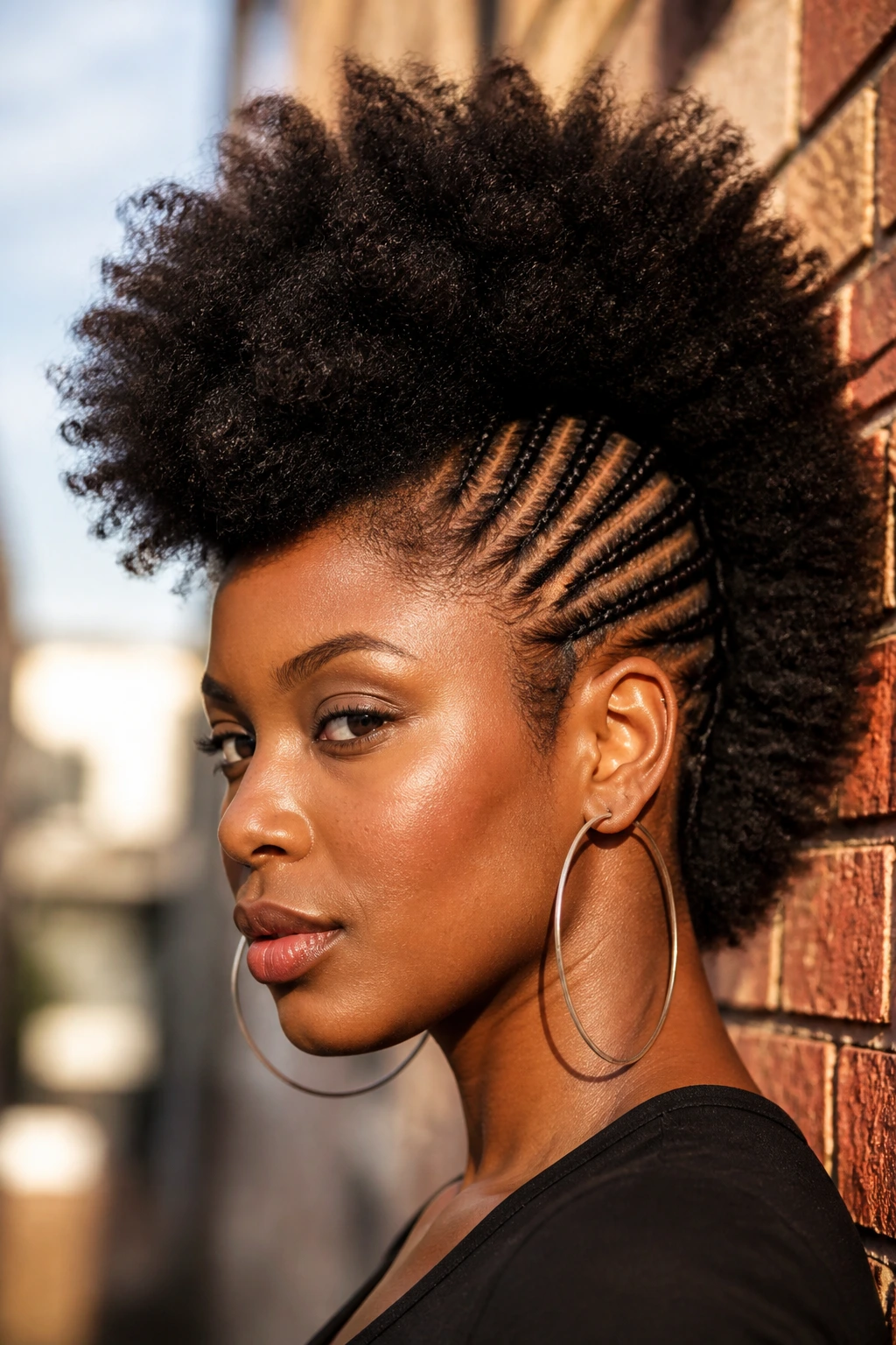Portrait of a real woman with cornrow sides and full Afro center
