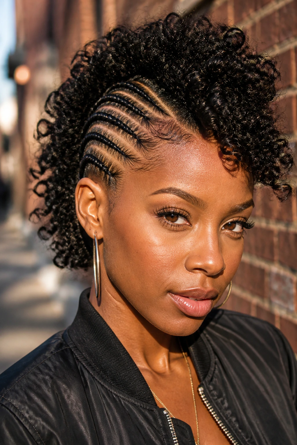 Close-up portrait of a woman with cornrow sides and curly center strip.