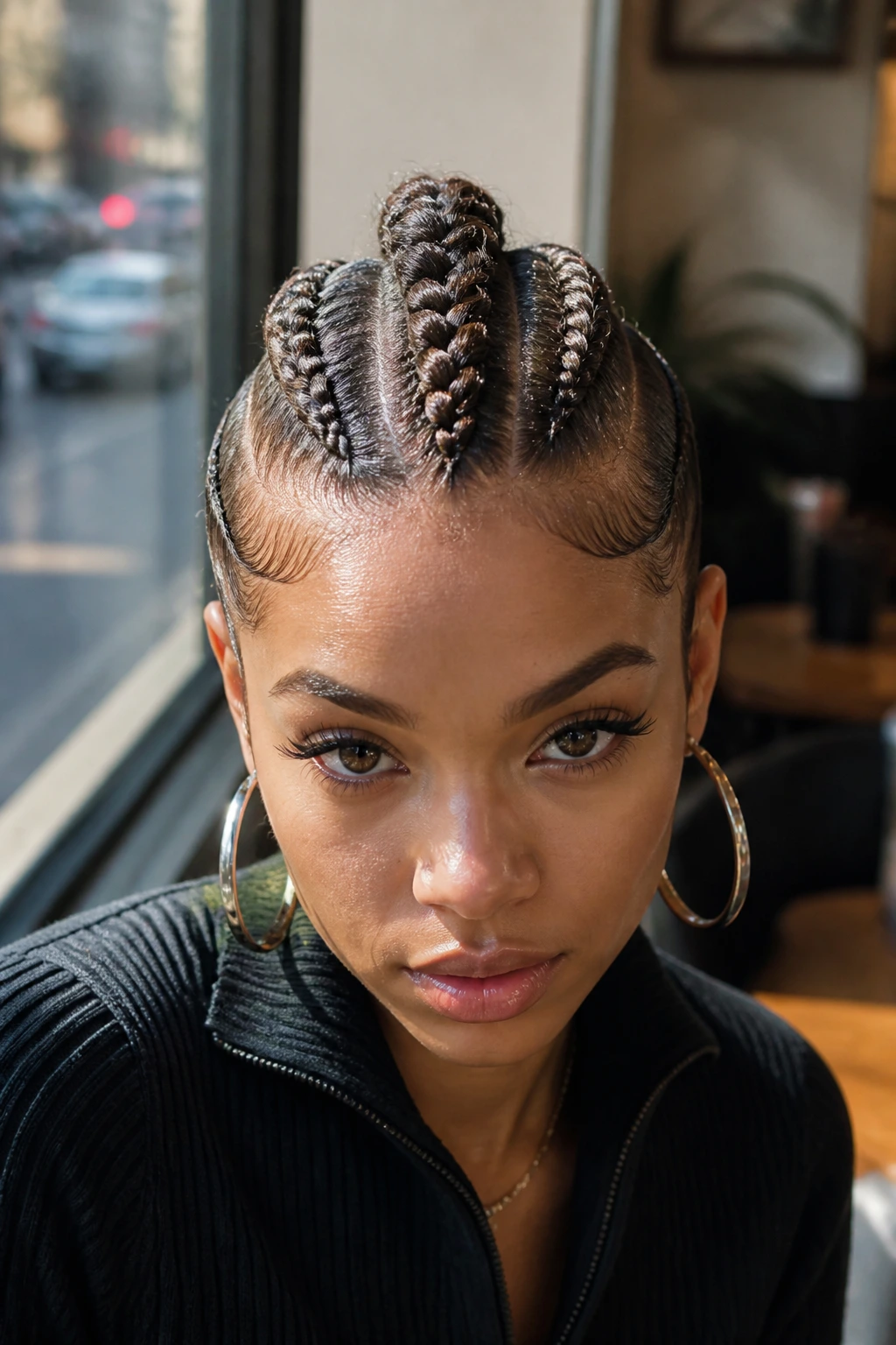 Close-up of a person with cornrows forming a central spine mohawk.
